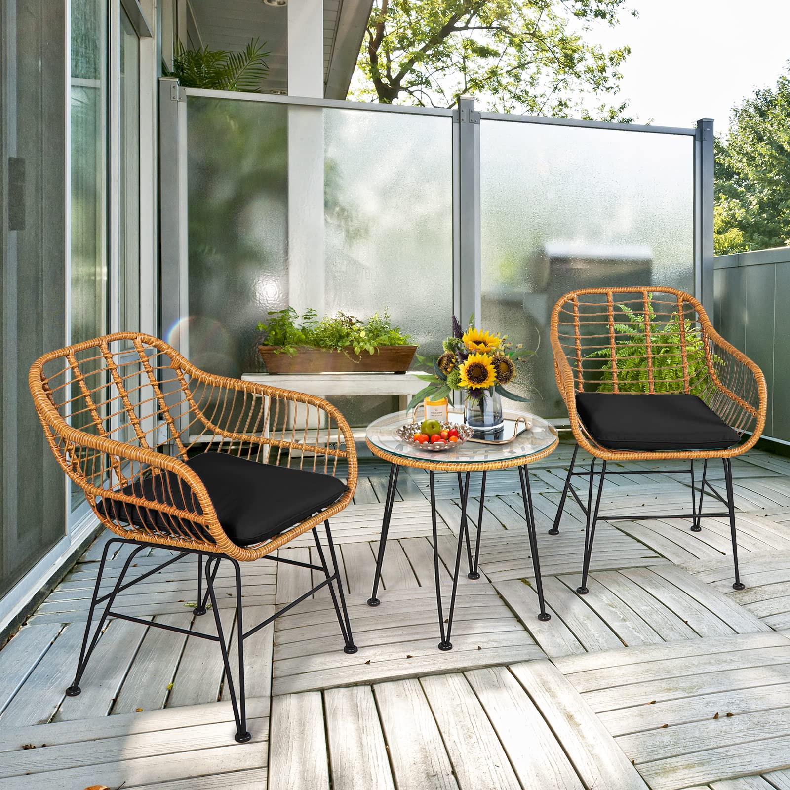 Tangkula 3-Piece Patio Bistro Set - Rattan Wicker Conversation Set with 2 Cushioned Armchairs & Round Glass Coffee Table - Indoor Outdoor Furniture for Balcony, Backyard, Garden, Poolside - Perfect for Relaxing, Entertaining & Outdoor Dining