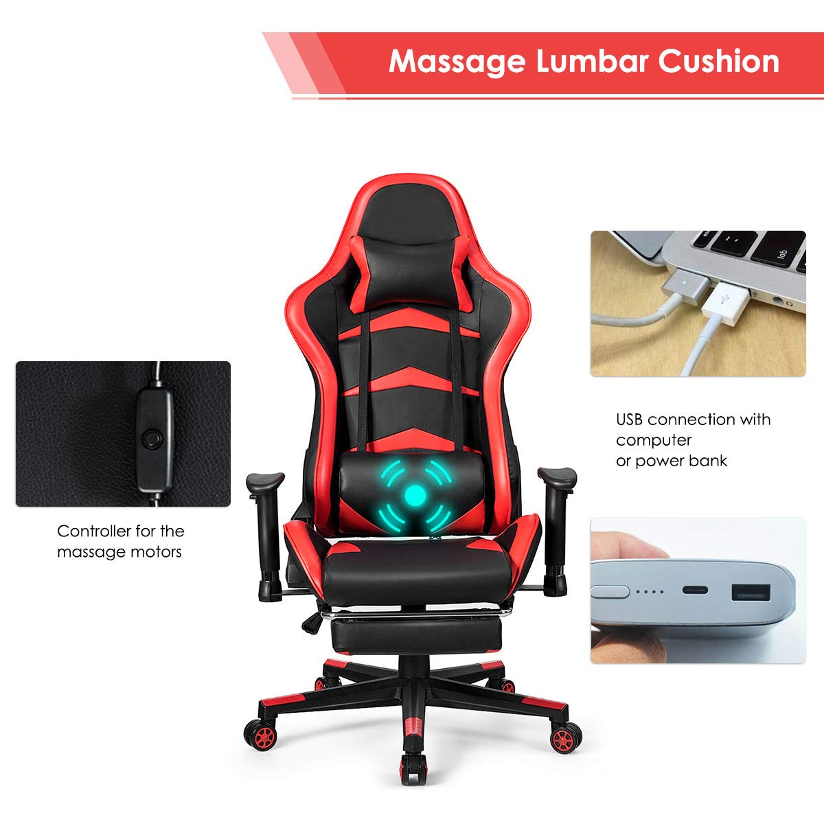 GOFLAME Ergonomic Gaming Chair - Racing Style High Back Office Chair with Adjustable Lumbar Support, Headrest, Footrest & Massage Function - Perfect for PC Gaming, Home Office & Esports Setup