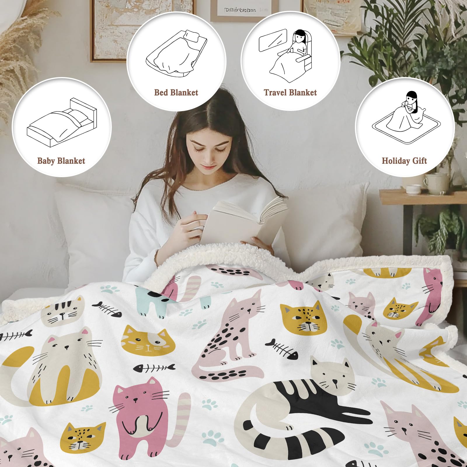 SOULZZZ Spotted Cat Pattern Throw Blanket - Super Soft Sherpa Fleece Blanket for Adults & Kids | Animal Print Fluffy Plush Lightweight Cozy Blanket for Couch, Bed, Sofa - Perfect Gift for Cat Lovers