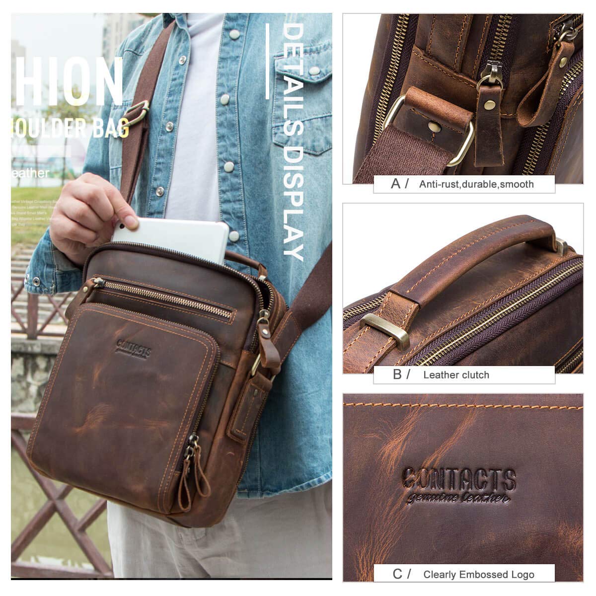 Hiram Genuine Crazy Horse Cow Leather Messenger Bag for Men - 10