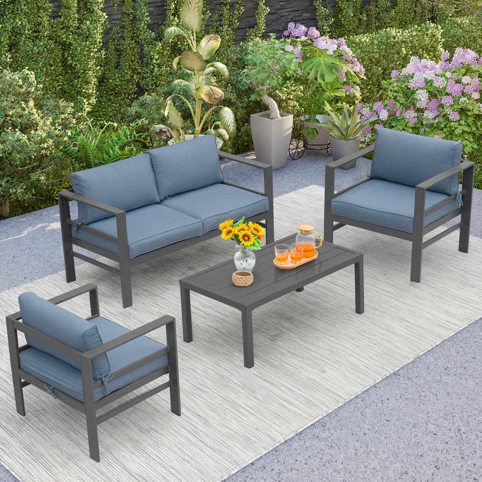 4-Piece Cast Aluminum Outdoor Patio Furniture Set - Modern Grey Metal Frame Sectional Sofa with Blue Cushions & Coffee Table - Perfect for Garden, Backyard, Poolside & Terrace Relaxation