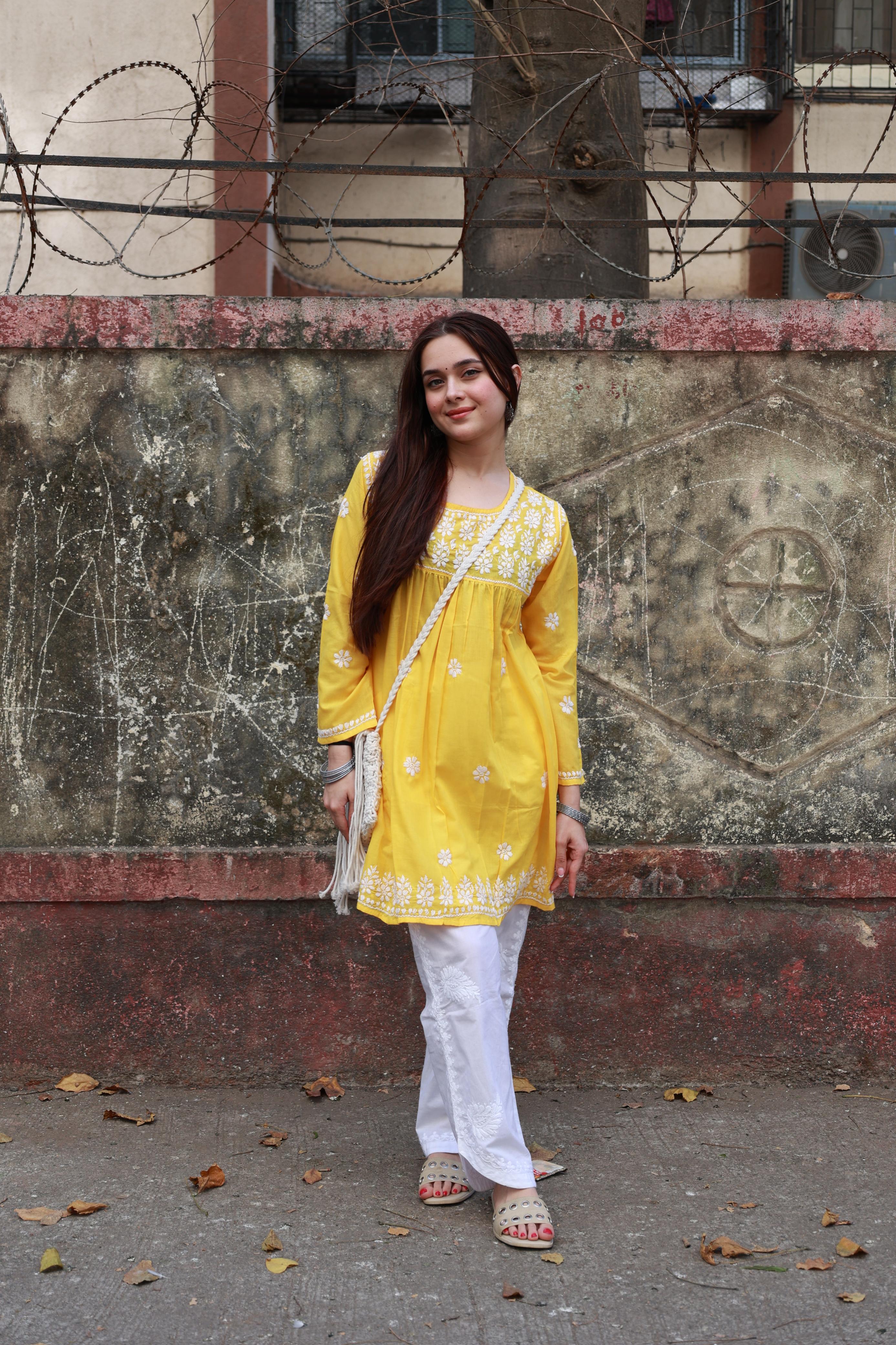 Rishita Yellow Cotton Chikankari Short Kurta for Women | Traditional Indian Embroidered Top | Perfect for Festivals, Parties & Casual Wear