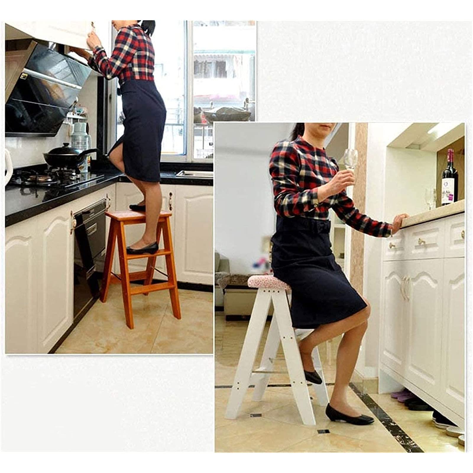 Portable Folding Wooden Step Stool for Adults - Solid Wood Multifunctional Ladder Stool for Home, Kitchen, Bathroom - Compact Foldable Step Stool for Reaching High Shelves, Storage, and Household Use