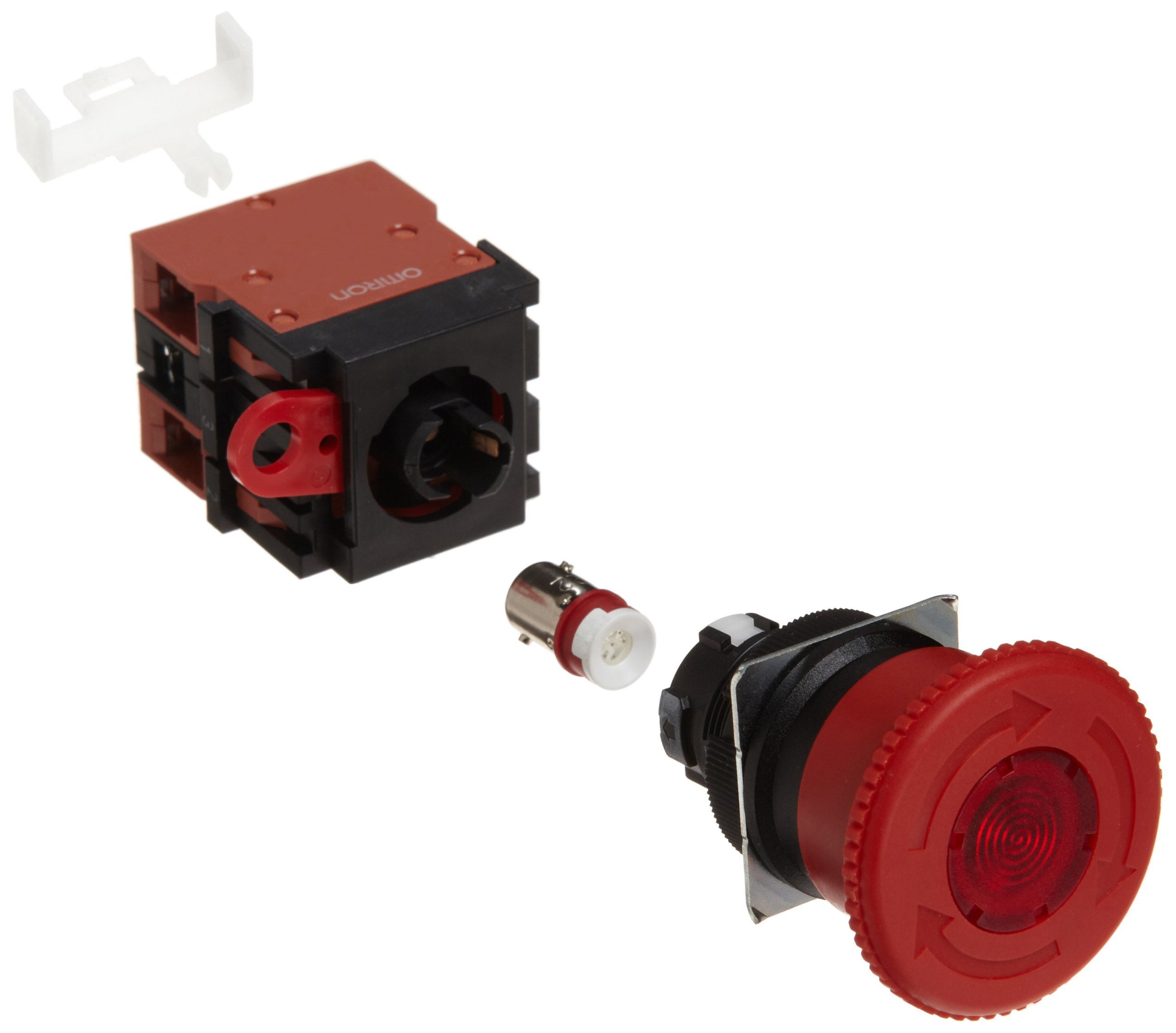 Omron A22EL-M-24A-02 Emergency Stop Switch with LED Light, Screw Terminal, IP65 Oil-Resistant, 24V AC/DC, DPST NC Contacts - Push-Lock Turn-Reset Operation for Industrial Machinery Safety Control