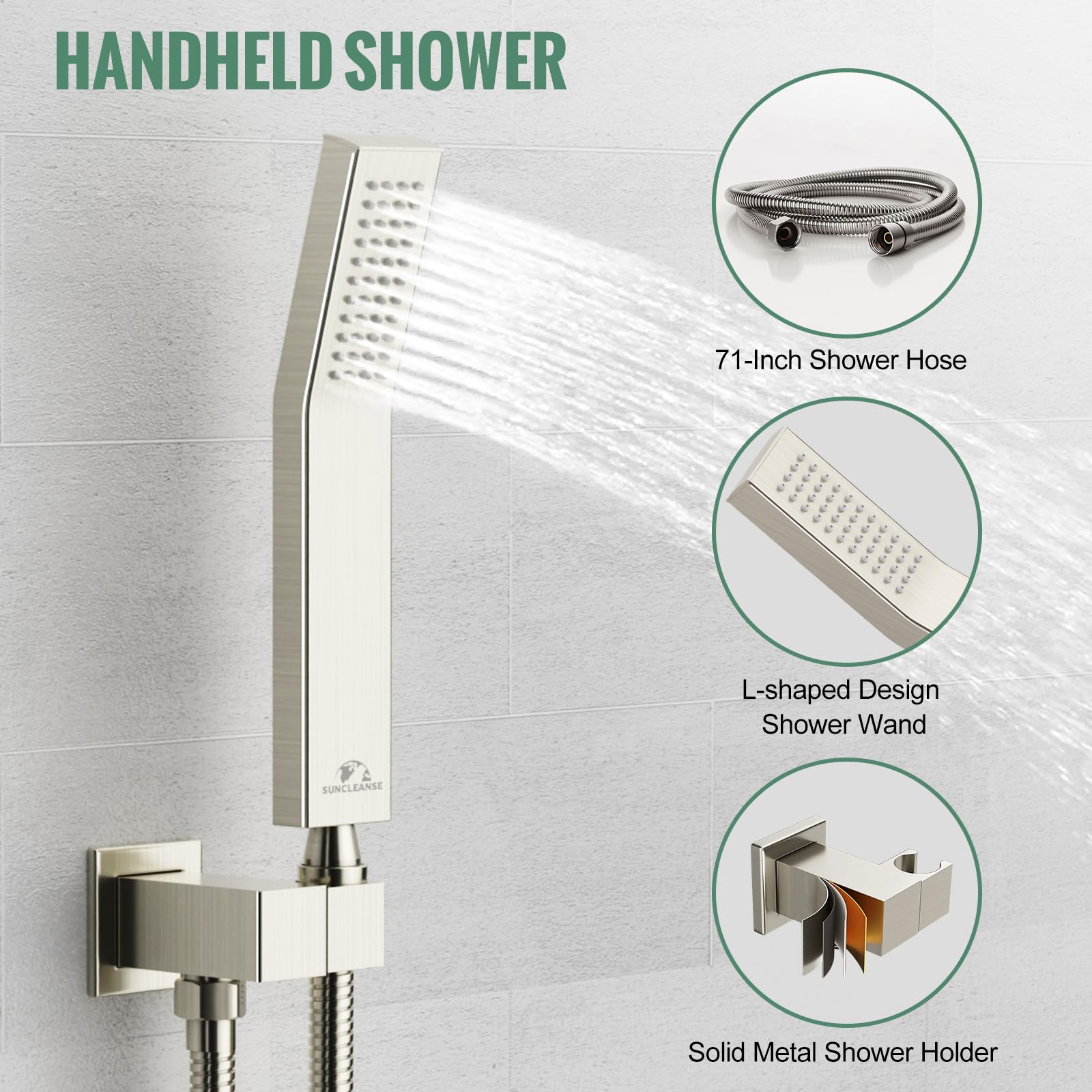 SunCleanse Brushed Nickel Ceiling Mount Rain Shower System - 12 Inch Square High Pressure Shower Head with Handheld Sprayer & Mixer Valve - Perfect for Spa-Like Luxury Bathroom Experience