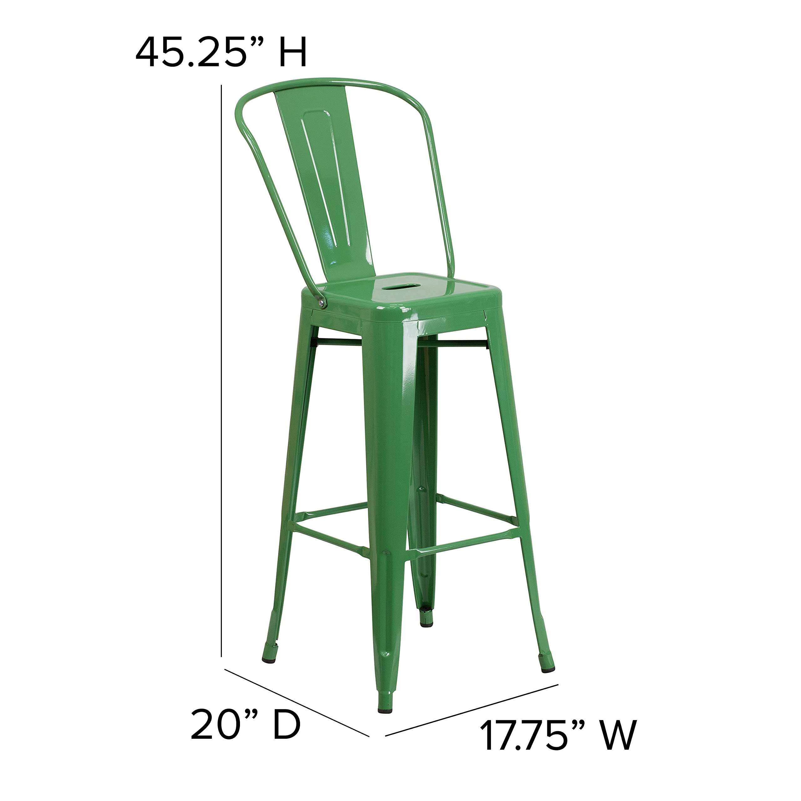 EMMA + OLIVER 30 Inch Commercial Grade Green Metal Bar Stool with Back - Indoor Outdoor Use for Kitchen, Bar, Patio & Restaurant Seating