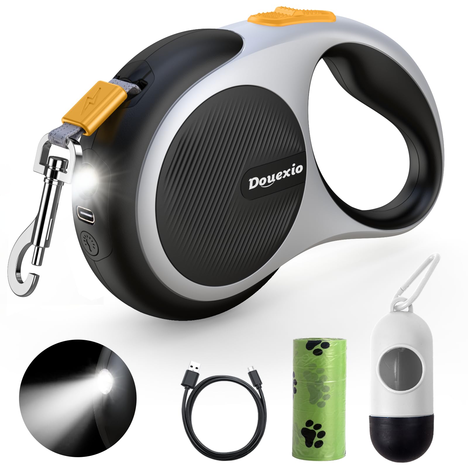 **Upgraded 3-in-1 Retractable Dog Leash with LED Flashlight – Extends to 16ft, Supports Small & Medium Dogs Up to 66lbs, Anti-Slip Handle (Black-White) – Perfect for Night Walks, Jogging & Outdoor Adventures**
