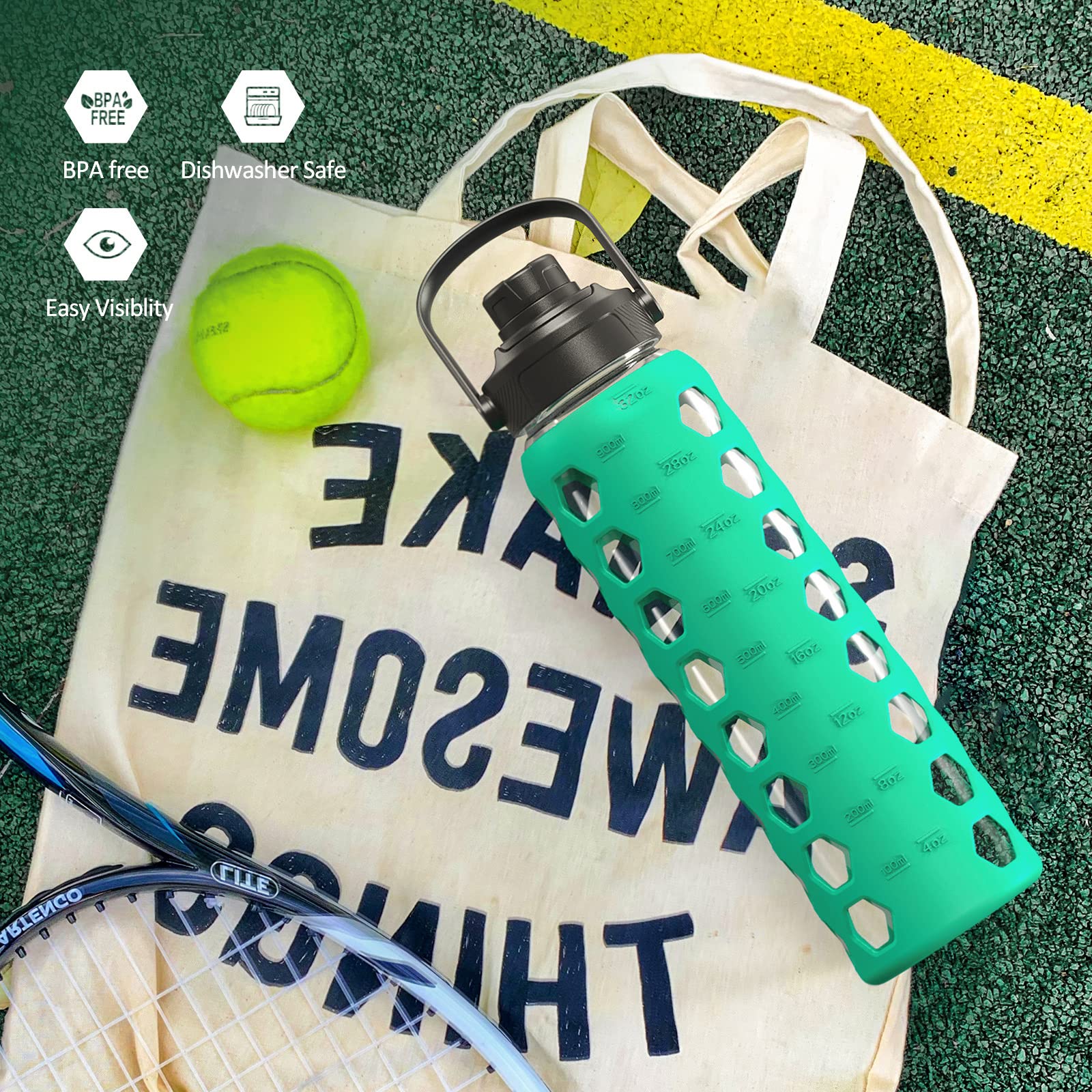32oz Glass Water Bottle with 2 Lids - Leakproof Handle Spout & Bamboo Straw Lid, Motivational Time Marker Tumbler with Silicone Sleeve - Perfect for Gym, Hiking, Office & Travel (Green, 1 Pack)