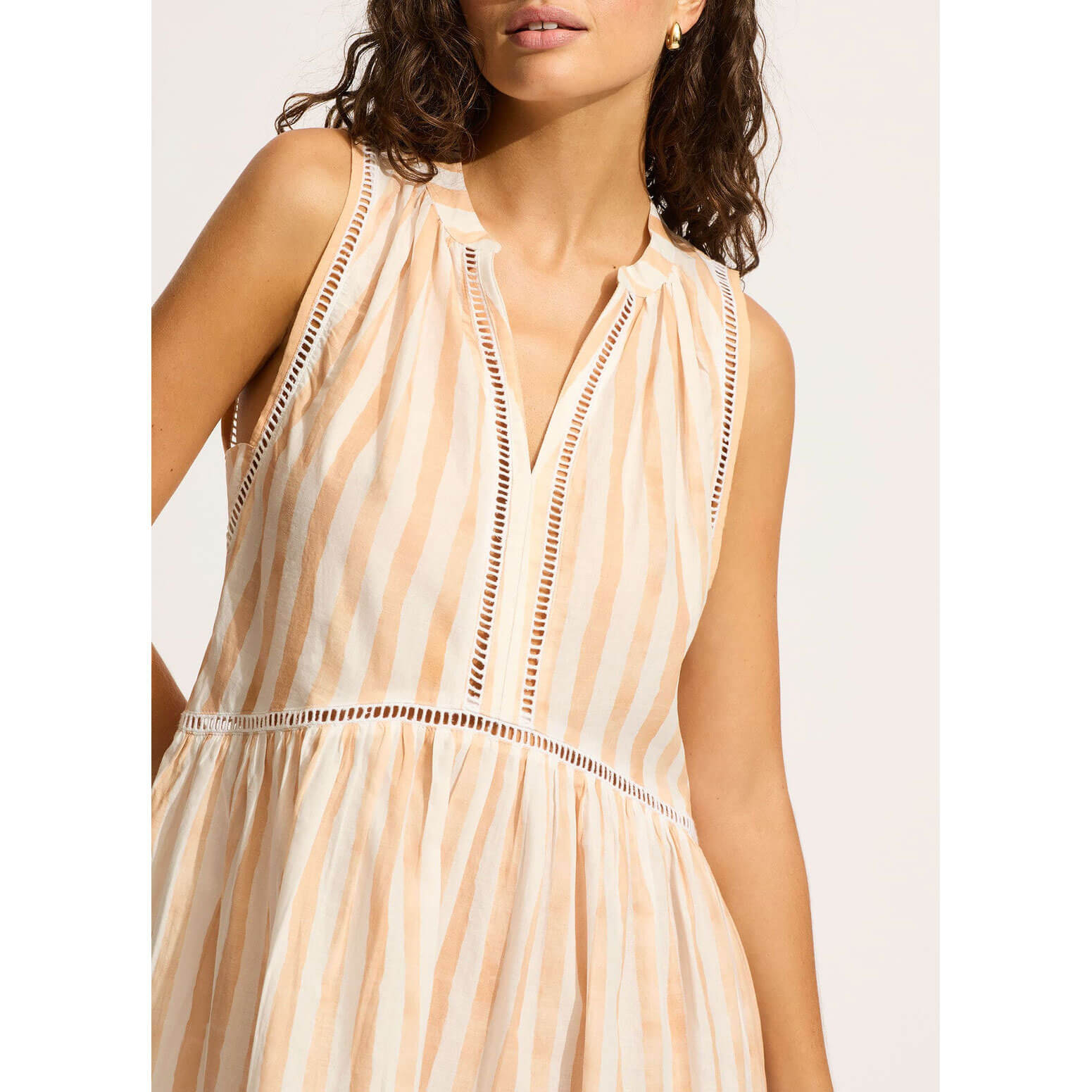 Seafolly Women's Ladder Stripe Beach Cover Up Dress - Lightweight Ecru Swimwear Coverup for Pool, Vacation & Summer Outfits