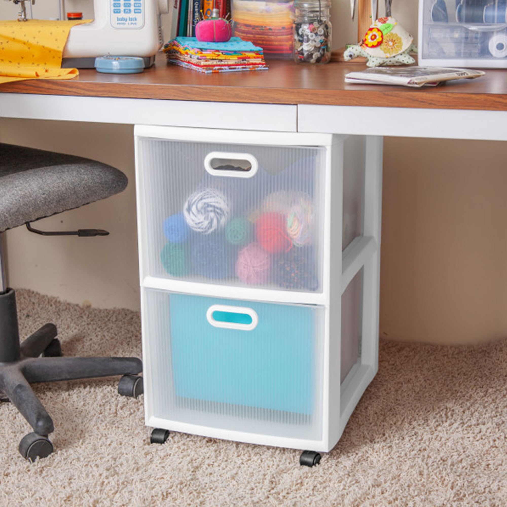 Sterilite Ultra 2-Drawer Rolling Storage Cart with Wheels - White Plastic File Organizer for Office, Desk & Home - Textured Clear Drawers (4-Pack) - Perfect for Document Storage & Workspace Organization