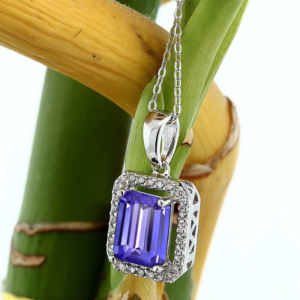 Gem Stone King 925 Sterling Silver Emerald Cut 9x7mm Birthstone Halo Pendant Necklace for Women with 18