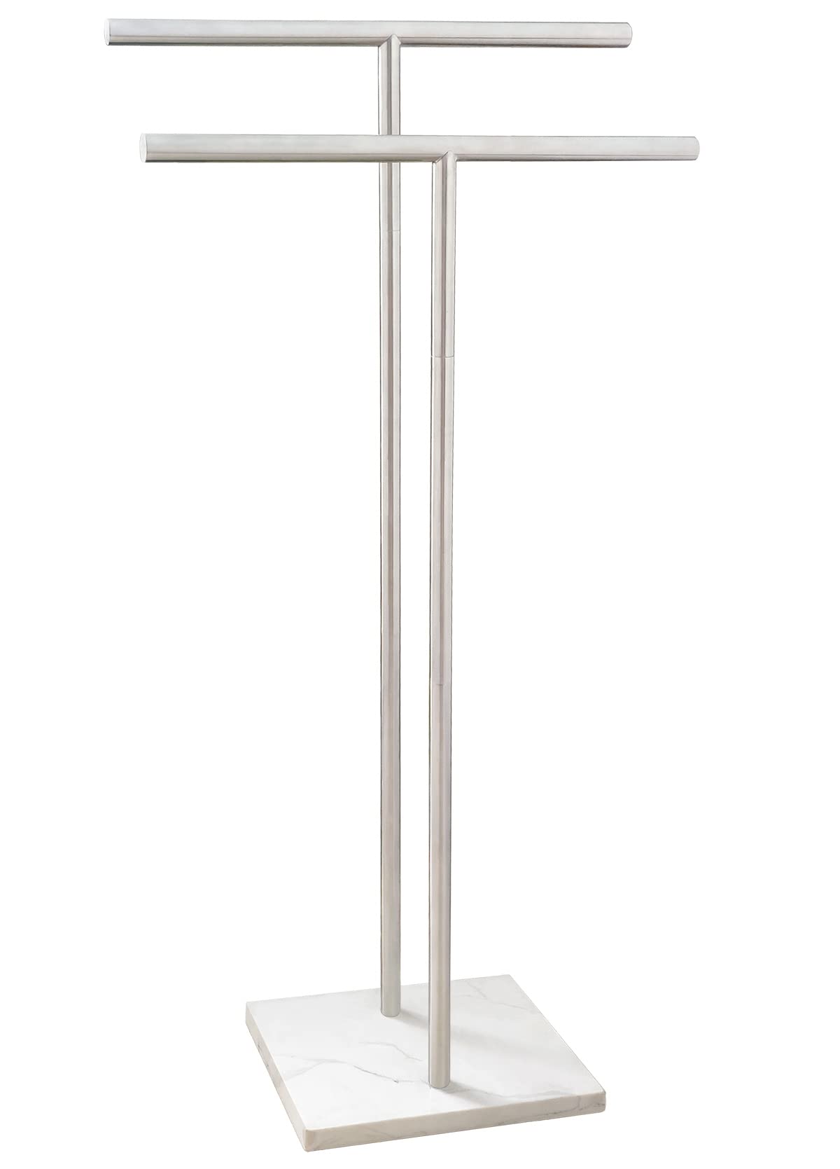 Double-T Shape Freestanding Towel Rack with Marble Base - 2-Tier Stainless Steel Brushed Nickel Bath Sheet Holder for Bathroom Floor - Perfect Next to Tub or Shower for Spa-Like Luxury