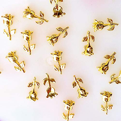 10PCS Japan 3D Nail Art Metal Stickers - Gold Mini Rose Flower DIY Nail Decorations with Nail Glue for Salon, Home Manicure & Party Nail Designs