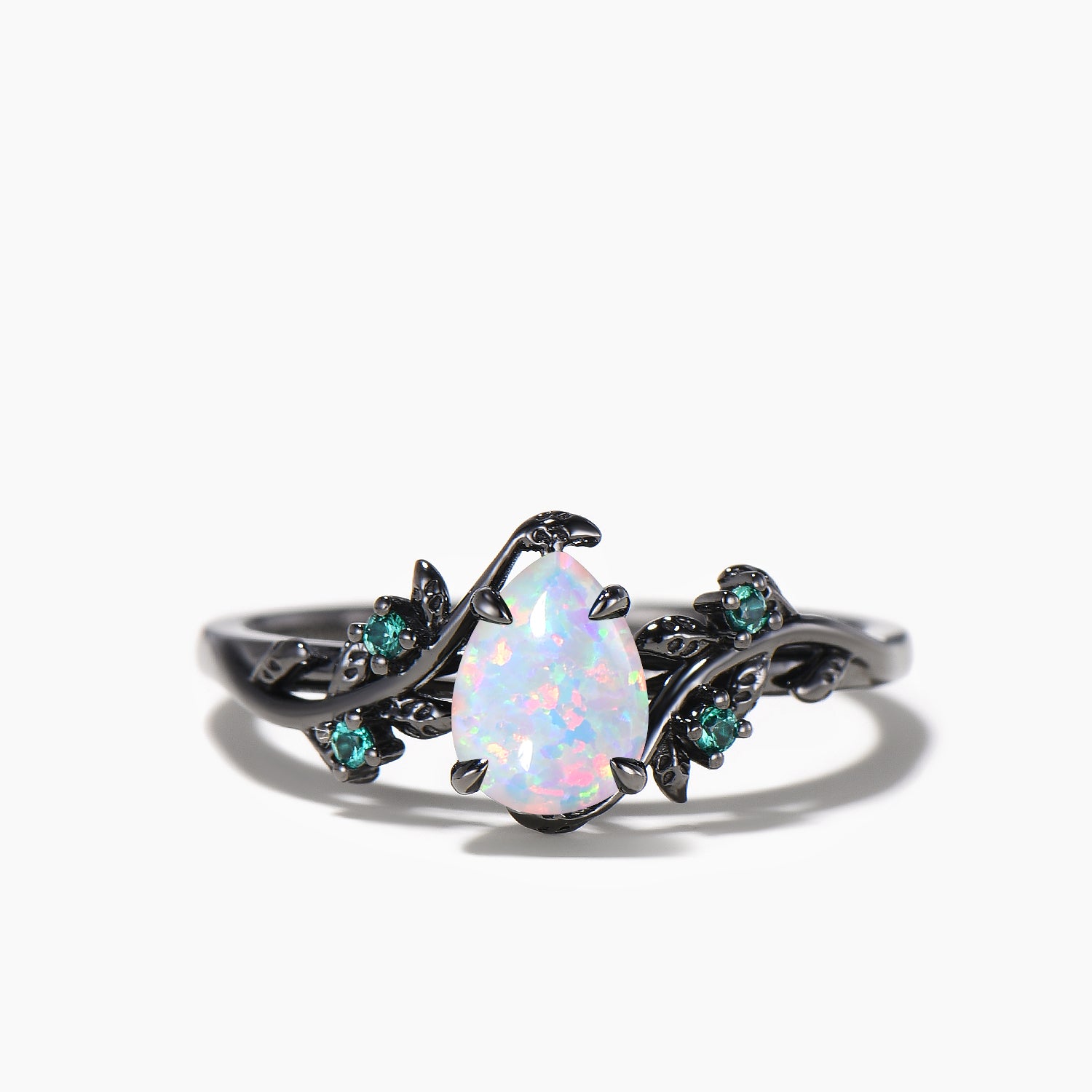 Teardrop Opal Nature Inspired Engagement Ring - Emerald Leaf Gothic Black Bridal Wedding Set for Women | Perfect for Boho, Vintage & Alternative Wedding Jewelry