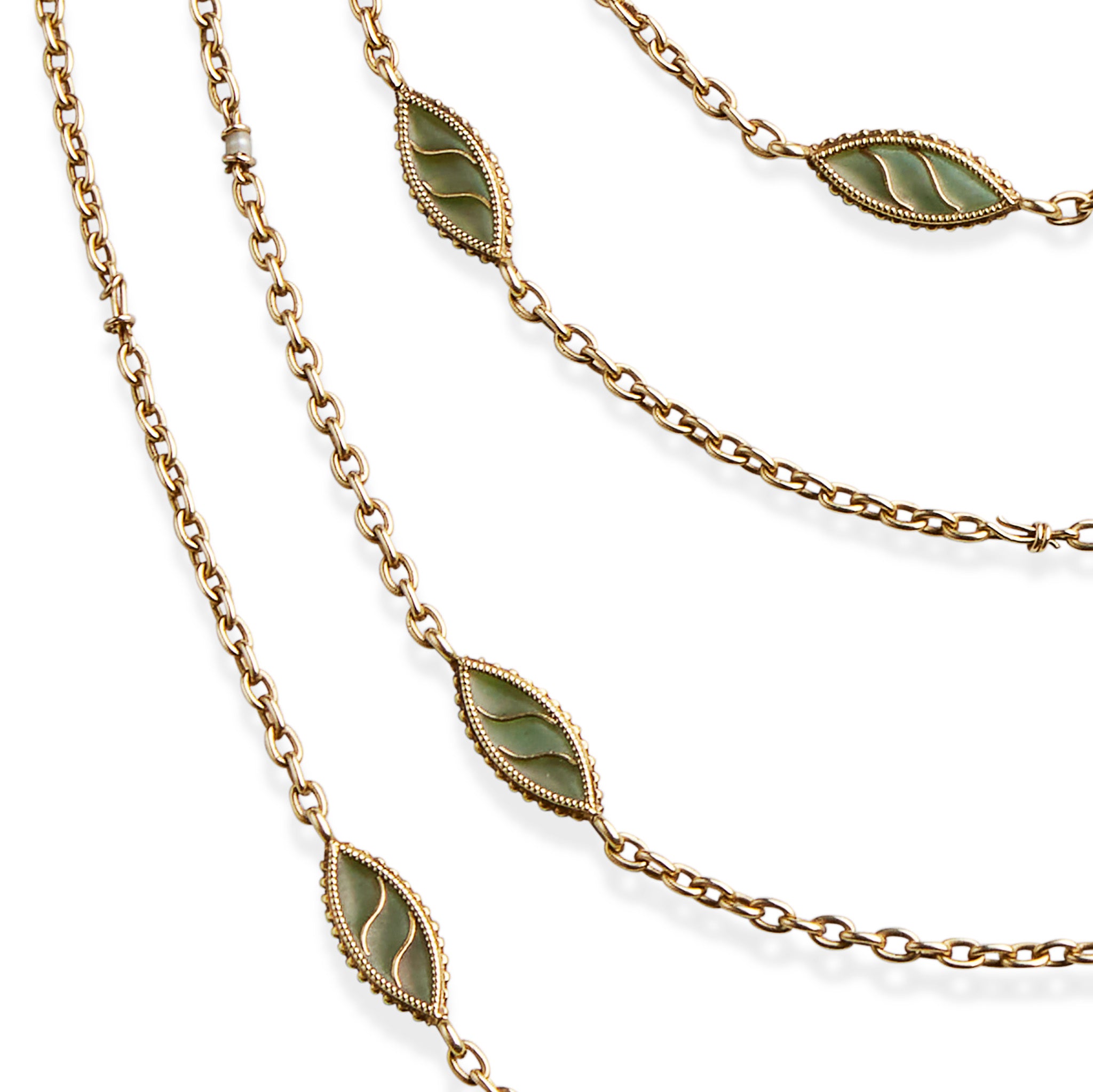 Exquisite French Art Nouveau 18K Gold Plique-à-Jour Enamel Long Chain Necklace - Vintage Jewelry for Women, Bridal Gift & Special Occasions