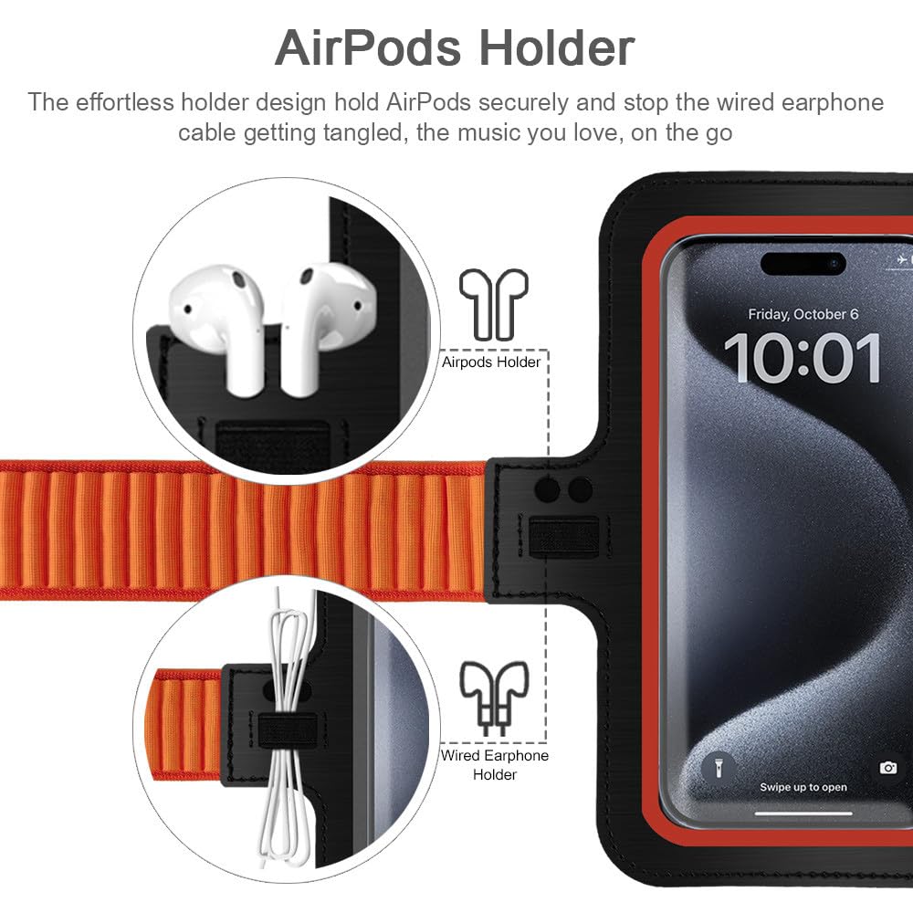 JEMACHE Running Armband for iPhone 16/15/14/13/12/11 Pro Max & Samsung Galaxy S25/S24/S23/S22 Ultra - Adjustable Phone Holder with Earphone Loop (Orange, Small) - Perfect for Gym, Jogging & Outdoor Workouts