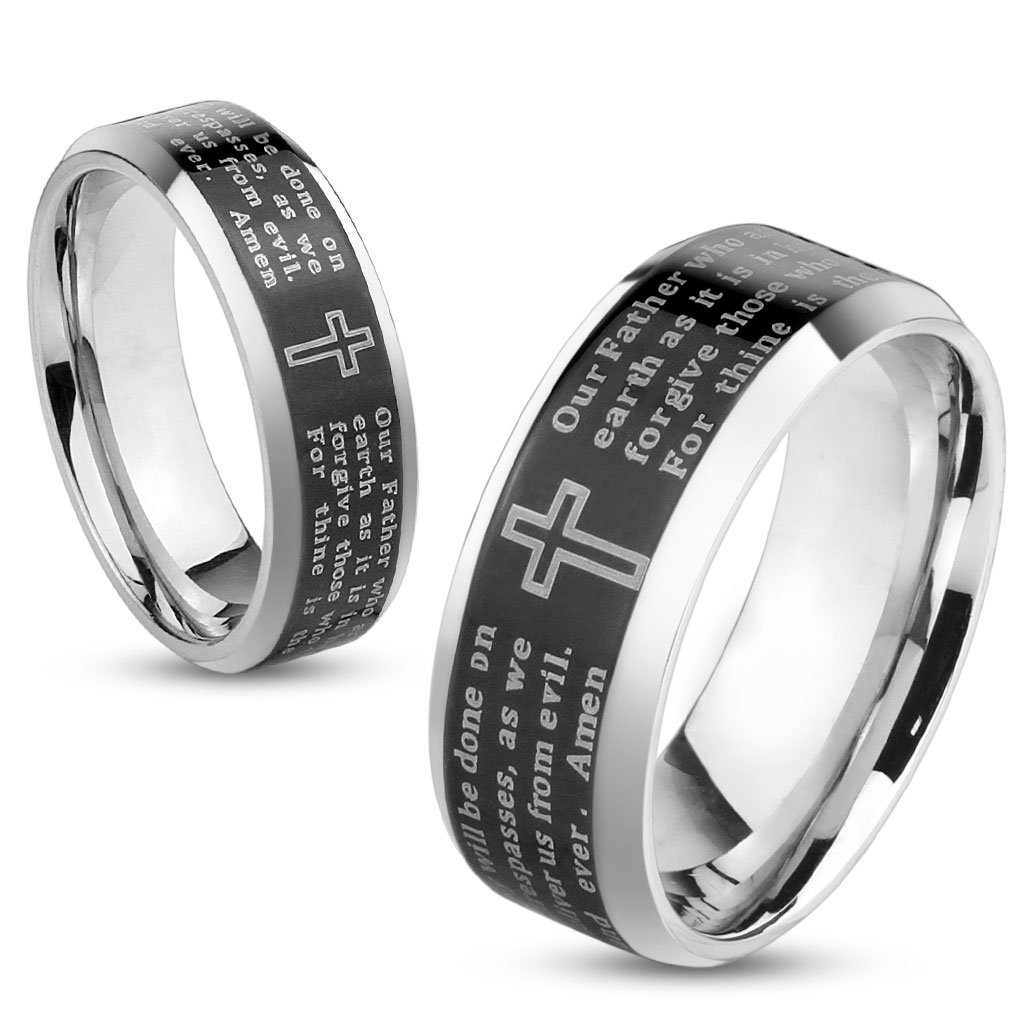 Jinique STR-0324 Stainless Steel Lord's Prayer Black IP Beveled Edge Ring for Men - Religious Jewelry, Christian Gift, Baptism, Wedding, Daily Wear