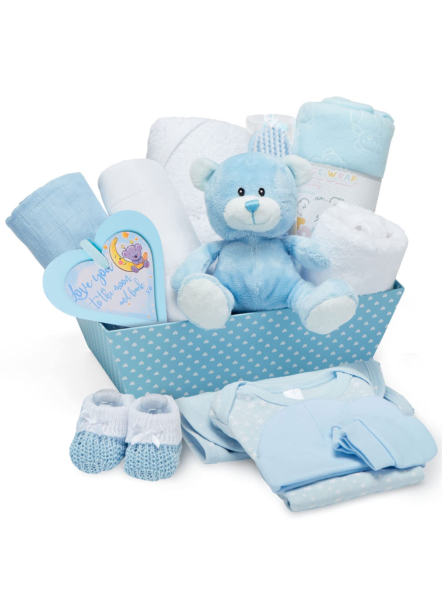 Premium Baby Boy Gift Basket for Newborns - Blue Newborn Baby Boy Gift Set with Baby Essentials - Perfect Baby Shower Gift & Welcome Home Present for New Parents | Ideal for Birthdays, Christenings & Baby Showers
