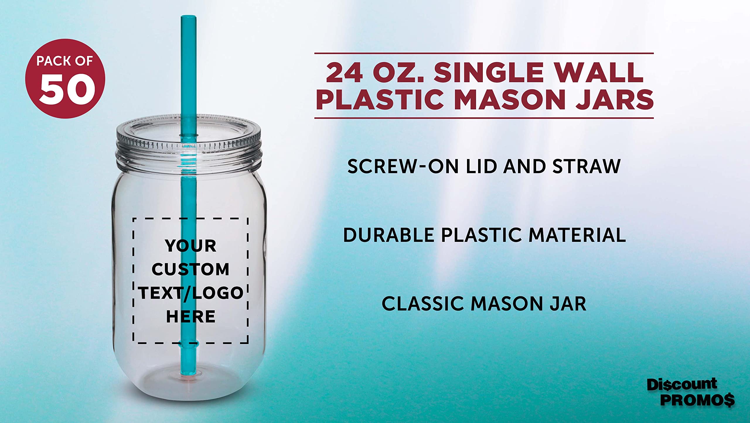 Custom 24 oz Plastic Mason Jars with Straws - Bulk Pack of 50 Personalized Drink Containers for Overnight Oats, Candies, Pickles & Beverages | Reusable BPA-Free Jars for Parties, Picnics, Meal Prep & Home Storage (Aqua Color)