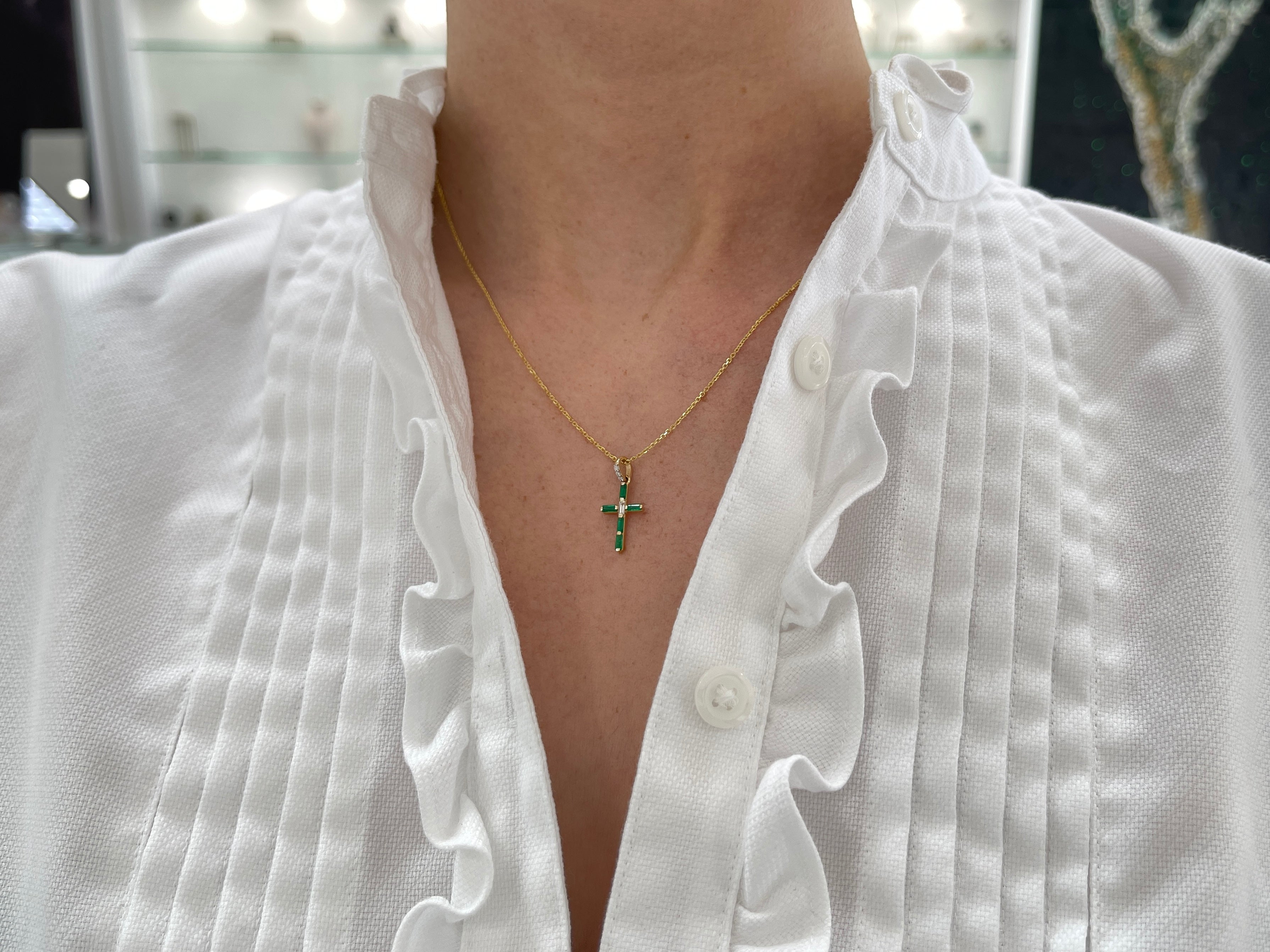 14K Gold Emerald Cross Pendant with Baguette & Round Diamonds - Elegant Religious Jewelry for Baptism, First Communion & Special Occasions