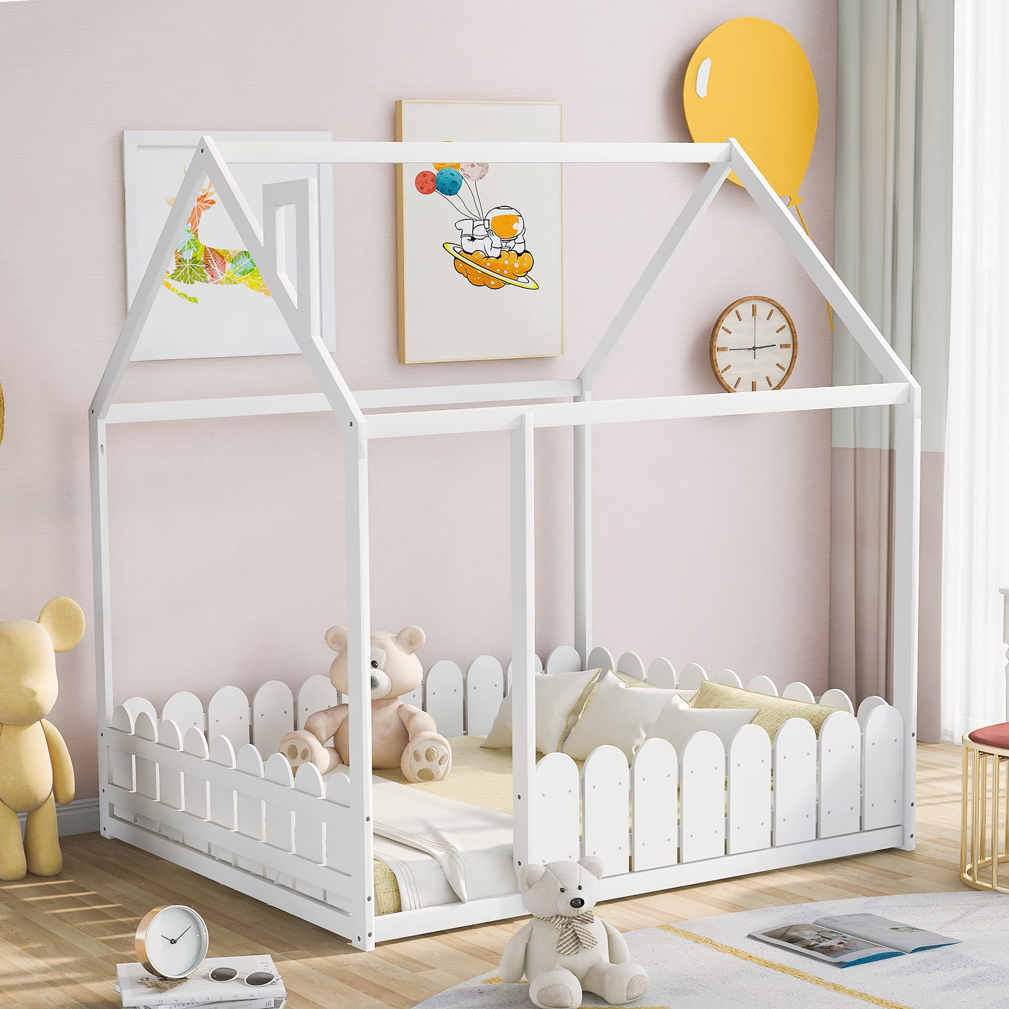 DeepRoar Full Size House Bed with Fence - Solid Wood Floor Bed Frame for Kids, Teens, Boys & Girls - No Box Spring Needed (White) - Perfect for Bedrooms, Playrooms & Montessori Spaces