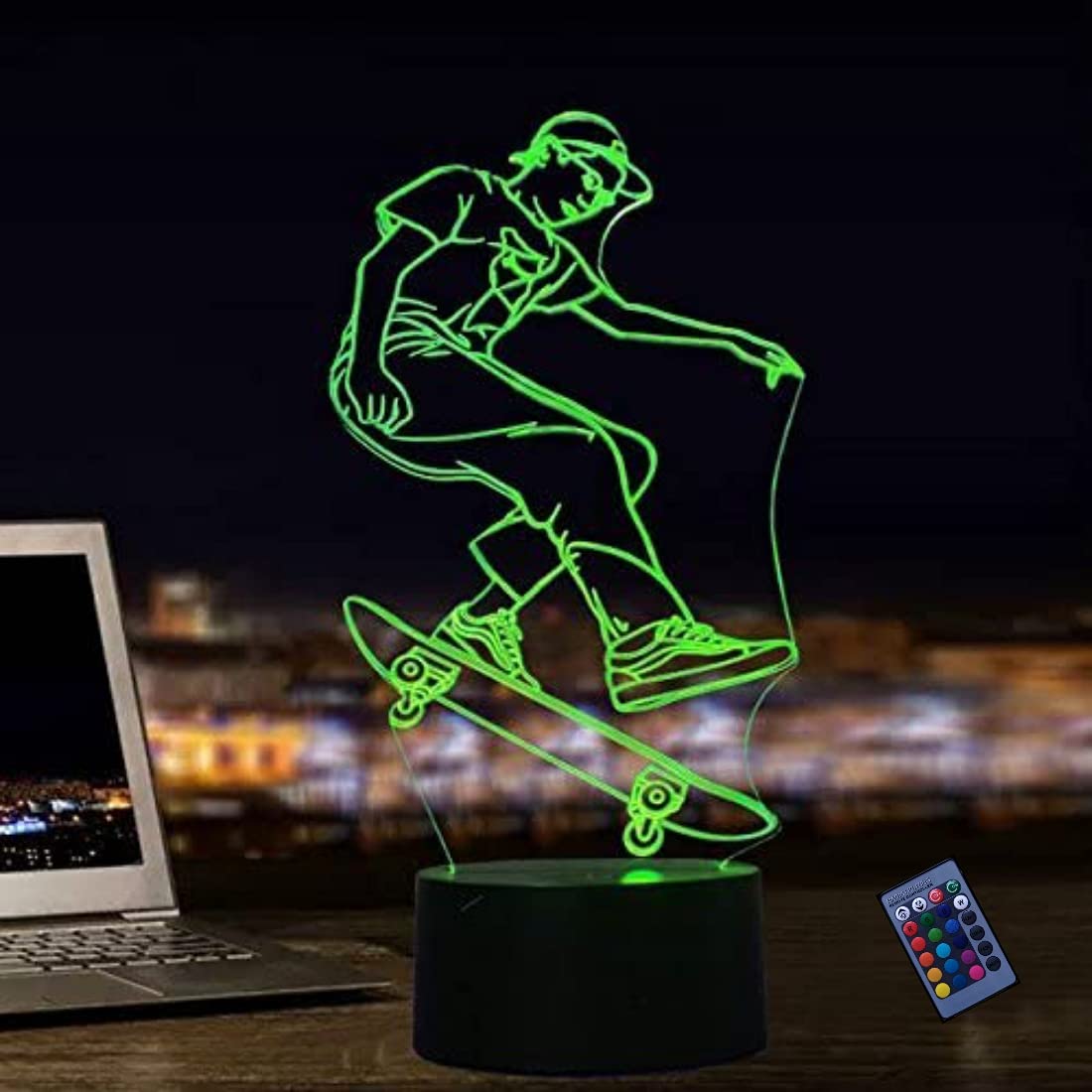 3D Illusion Skateboard LED Night Light - 16 Color Changing USB Lamp with Remote & Touch Control - Perfect for Bedroom, Kids Room, Gaming Setup & Skateboard Decor