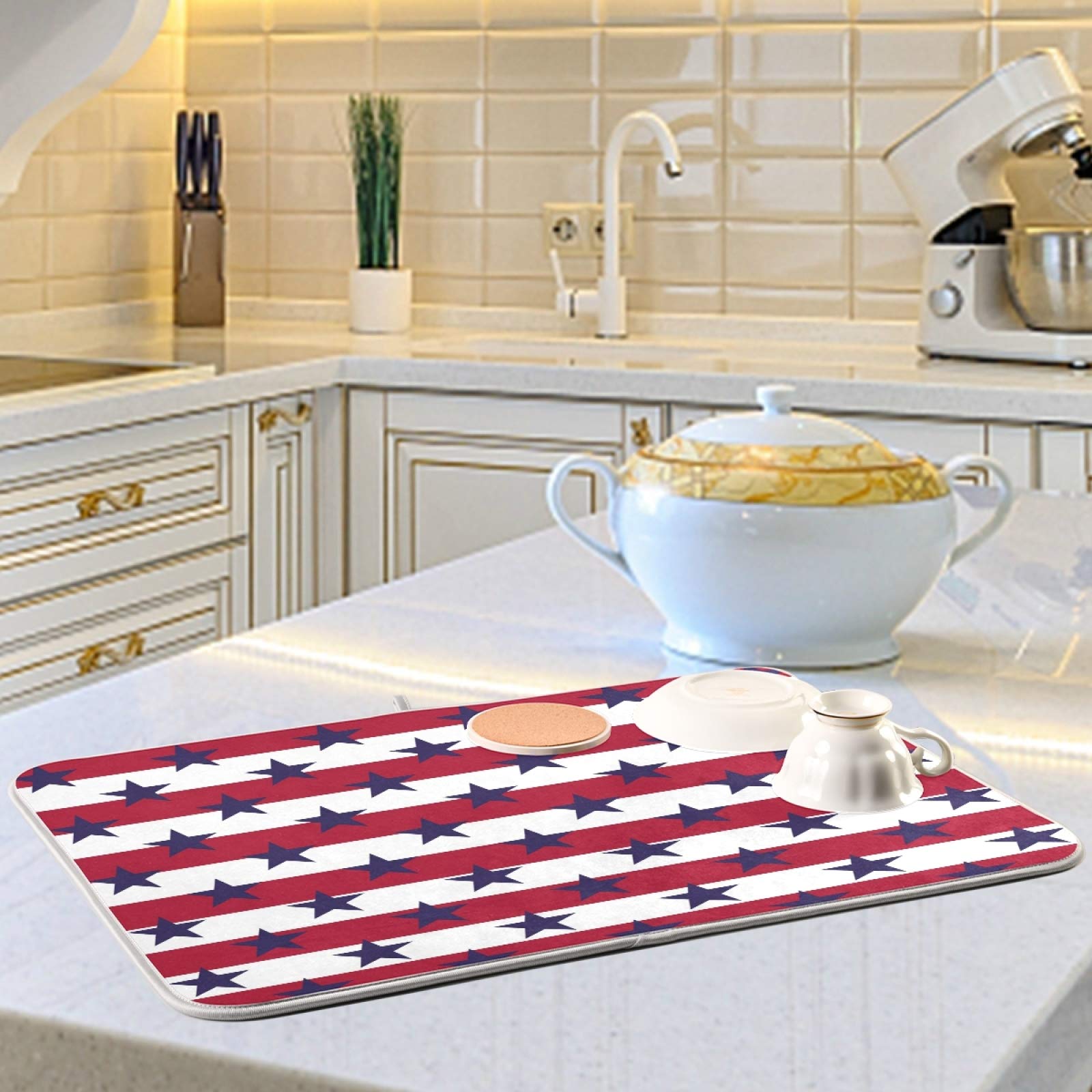 USA Navy July 4th Dish Drying Mat 18x24 Inch - Absorbent Kitchen Counter Protector for Independence Day Decor