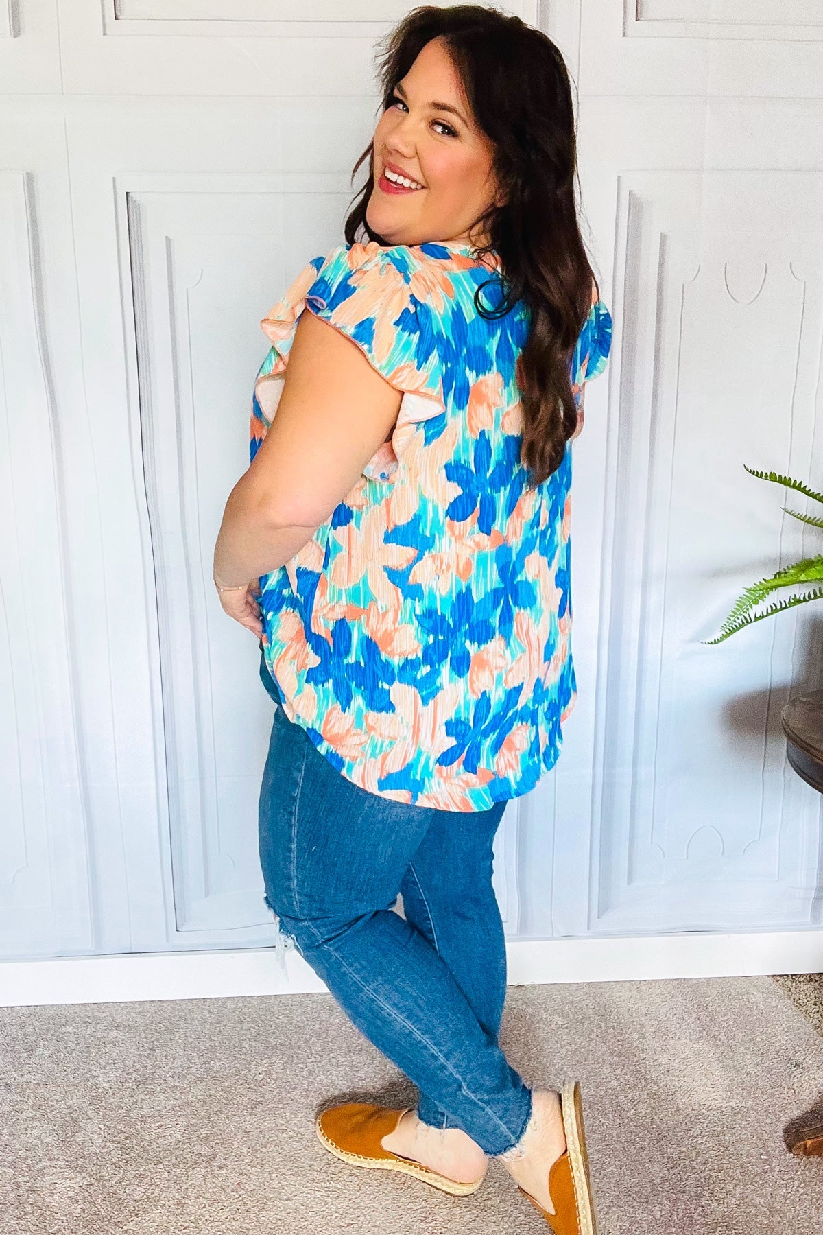 Haptics Tropical Breeze Turquoise Floral Banded V-Neck Flutter Sleeve Blouse for Women - Summer Beach Vacation & Boho Chic Outfit