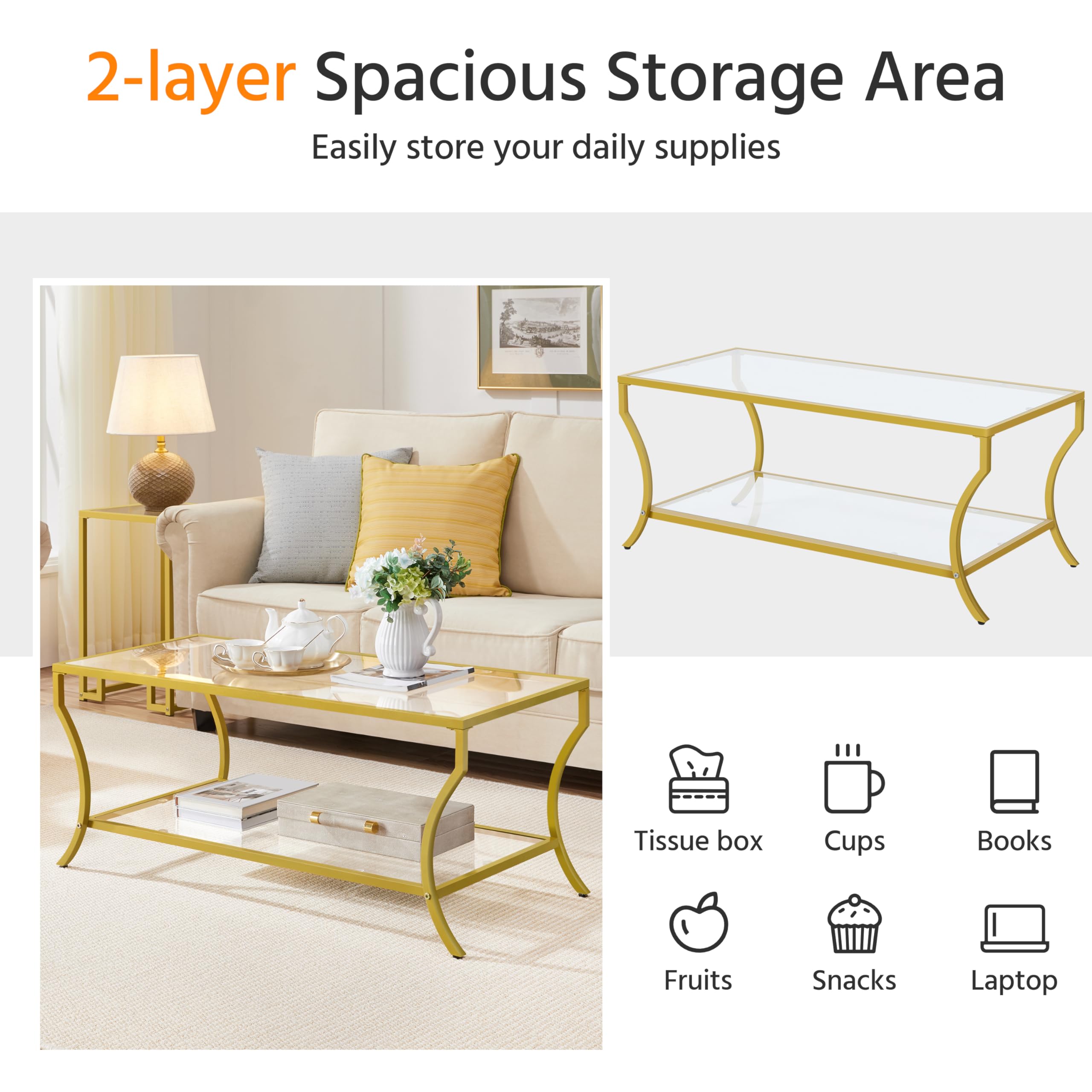 Yaheetech 2-Tier Modern Gold Coffee Table with Tempered Glass Top & Curved Metal Frame - Rectangular Living Room Center Table for Apartment, Lounge & Office - Easy Assembly Home Furniture Decor