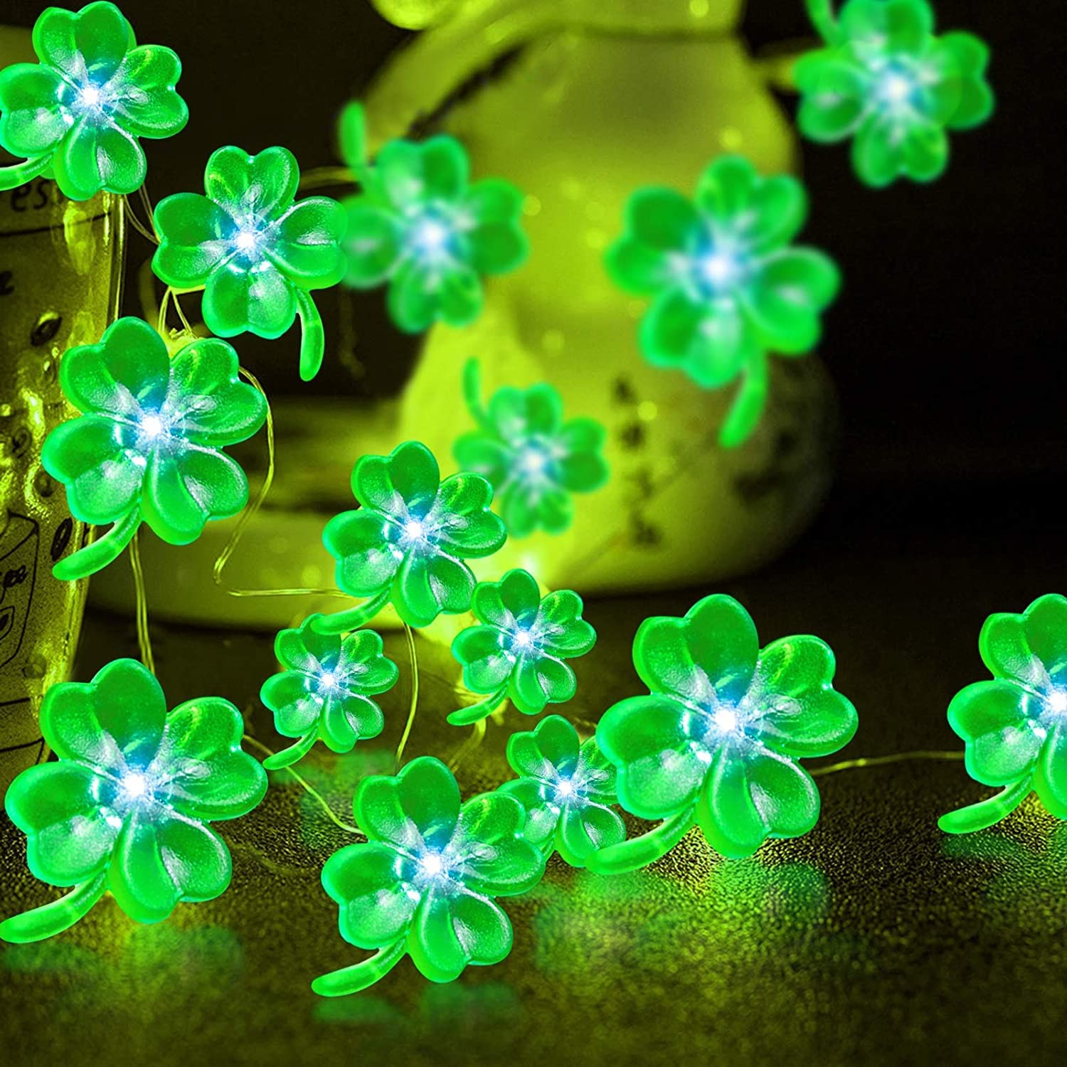 TURNMEON 10 Ft 40 LED Shamrock Fairy Lights - Battery Operated St. Patrick's Day Decorations with Timer for Indoor & Outdoor Use - Perfect for Home, Party, and Holiday Decor