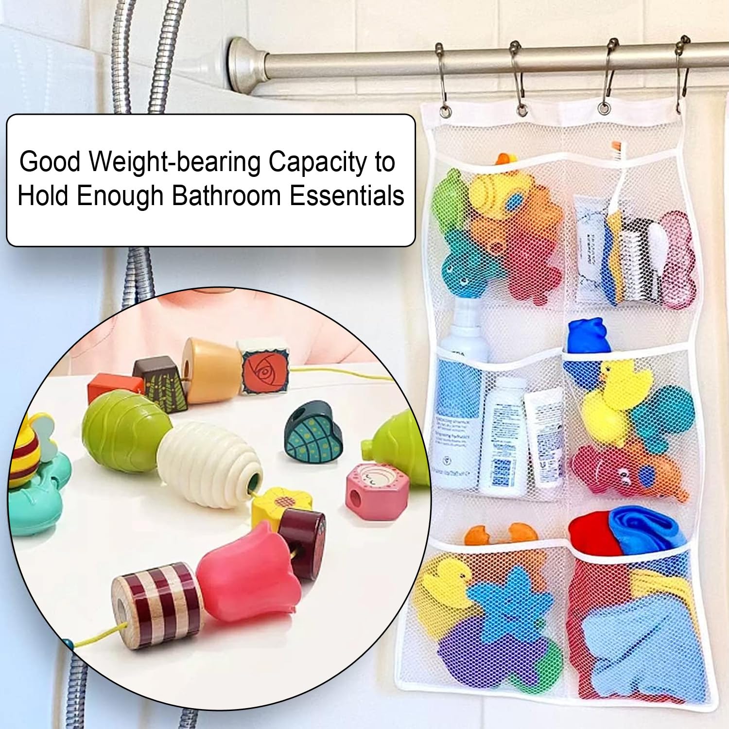 Quick Dry Mesh Shower Organizer with 6 Pockets & 4 Hooks - Hanging Bathroom Storage for Toiletries, Cosmetics, and Shower Accessories - Perfect for Small Spaces, Dorm Rooms, and Travel