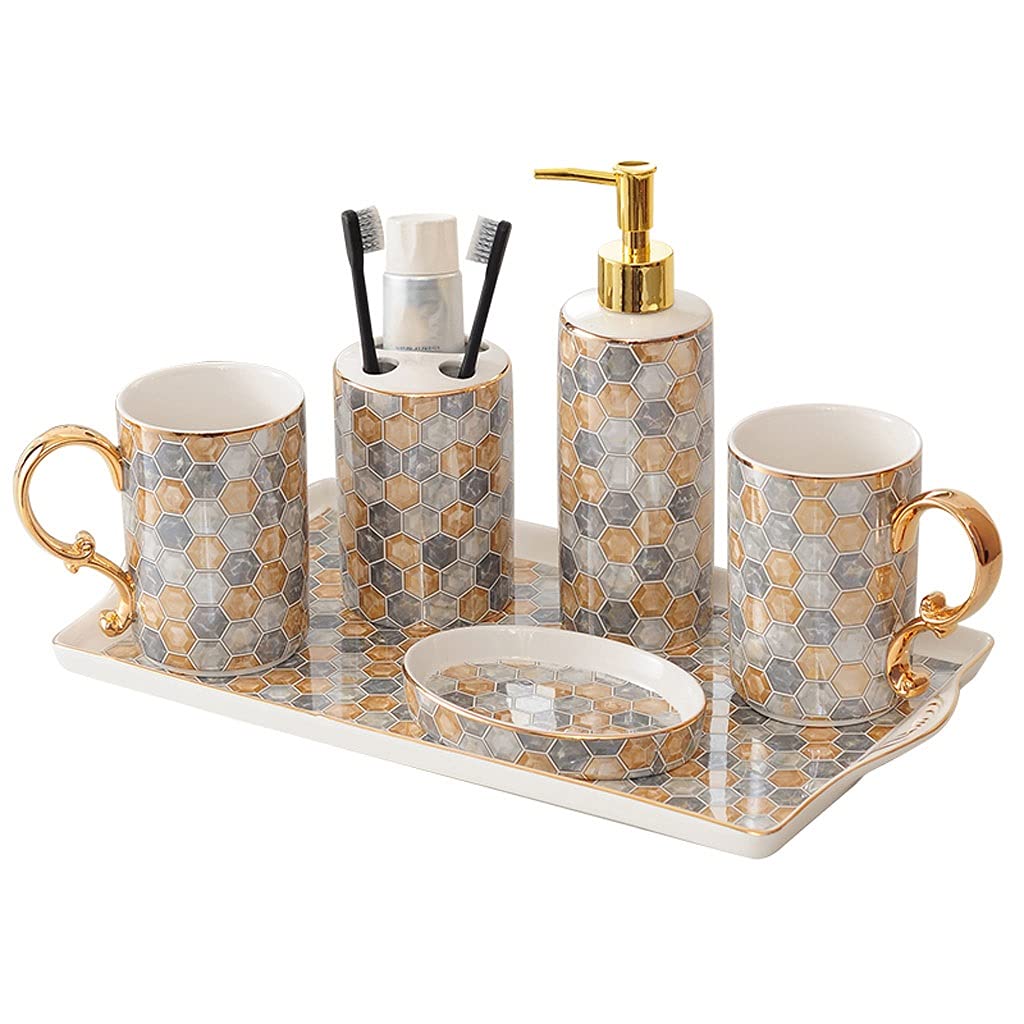 DHCZZRS774 6-Piece Ceramic Bathroom Accessory Set - Gold Rim Soap Dispenser, Toothbrush Holder, Mouthwash Cup, Soap Dish & Tray | Elegant Mosaic Design for Modern Bathrooms, Perfect for Home & Hotel Decor