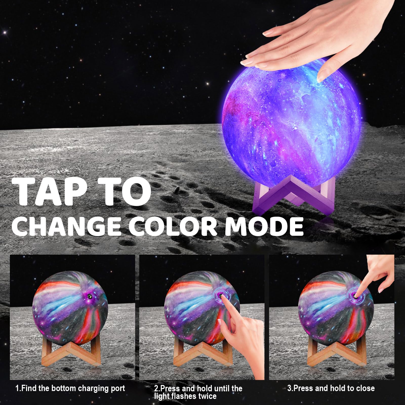 KIFACI Rechargeable 3D Galaxy Moon Lamp - 5.9 Inch LED Night Light for Bedroom Decor, Kids & Adults | Perfect for Relaxation, Gift Giving, and Creating a Dreamy Atmosphere