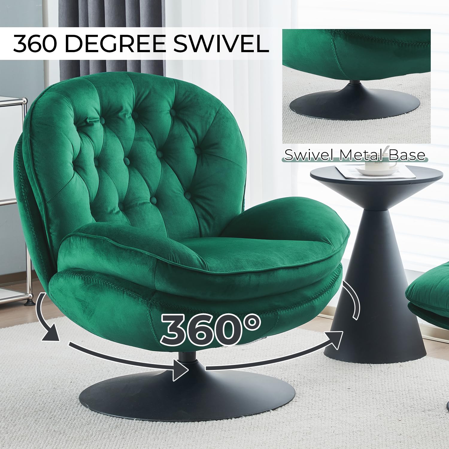 Velvet Swivel Accent Chair with Ottoman Set - Modern Tufted Armchair with Footrest for Living Room & Bedroom - 360 Degree Swiveling Lounge Chair for Adults - Comfortable Reading & TV Watching Chair - Green Velvet Upholstery - Perfect for Relaxing, Entertaining & Small Space Decor