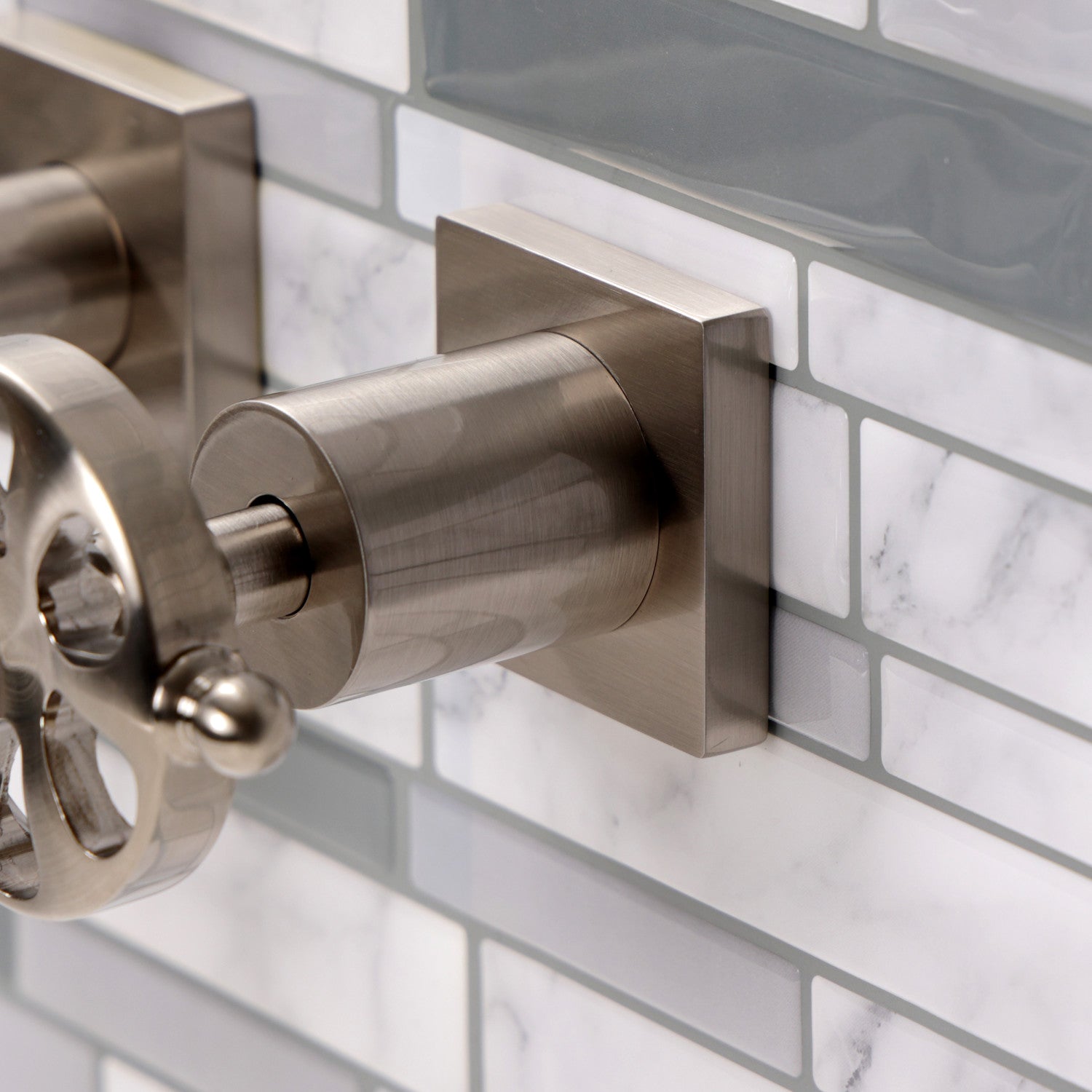 Belknap KS6128RX Brushed Nickel Double Handle 3-Hole Wall Mount Bathroom Faucet - Perfect for Modern Bathrooms and Powder Rooms