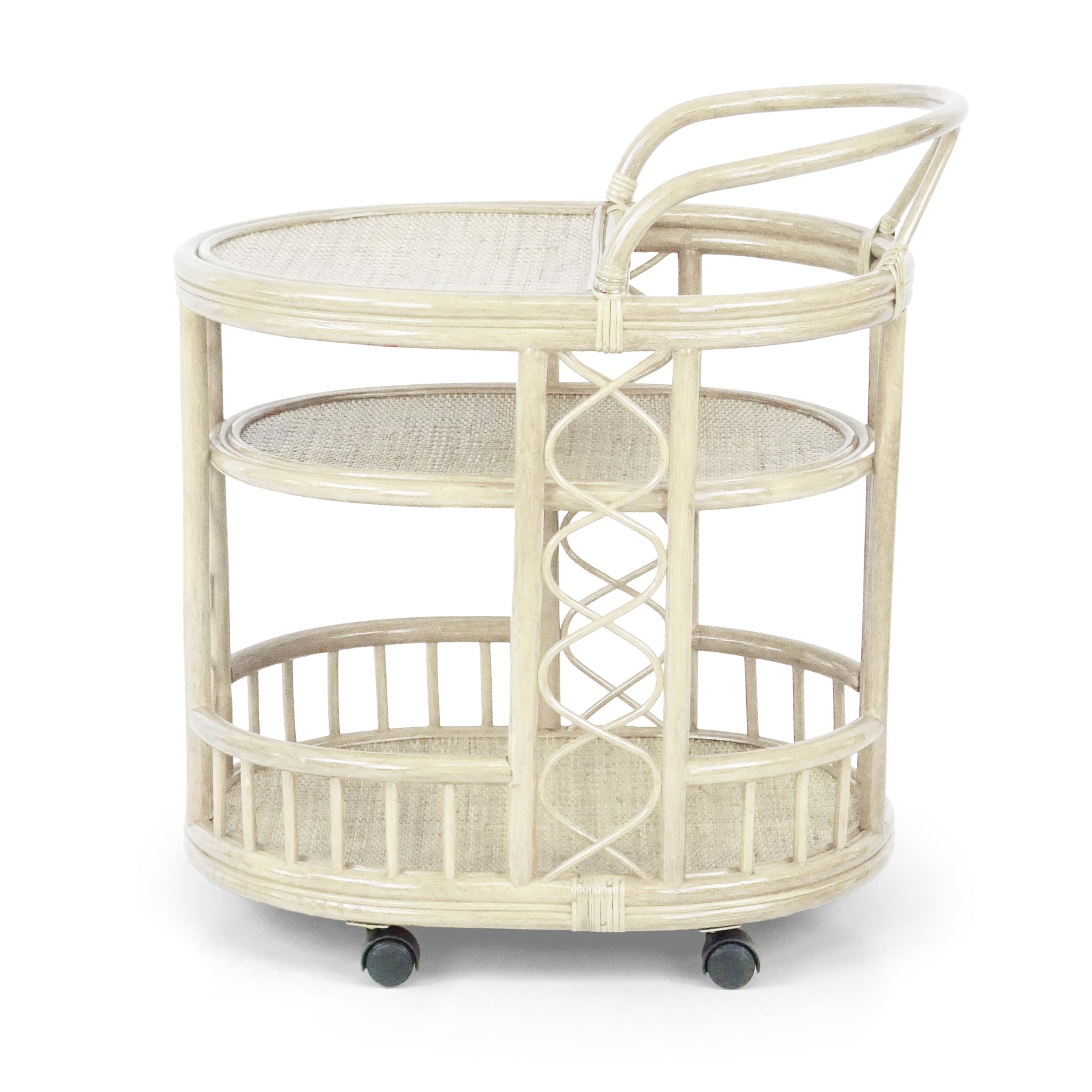 Handmade Woven Rattan Serving Cart with Wheels - Natural Wicker Fully Assembled in White Wash Finish | Perfect for Outdoor Patio, Garden Parties & Indoor Kitchen Use