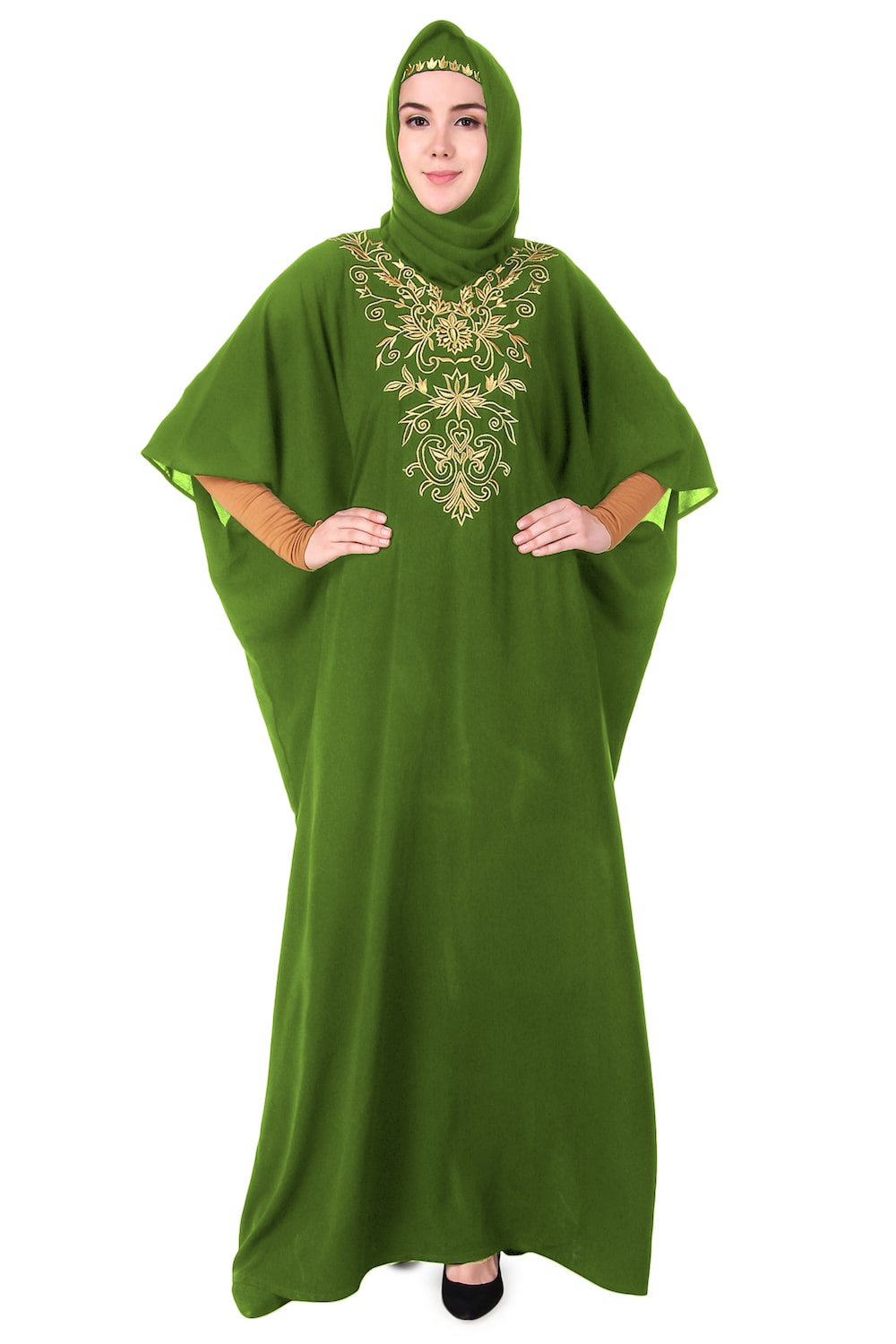 Embroidered Floral Gold Kaftan Dress for Women - Elegant Boho Maxi Dress for Beach, Party & Special Occasions