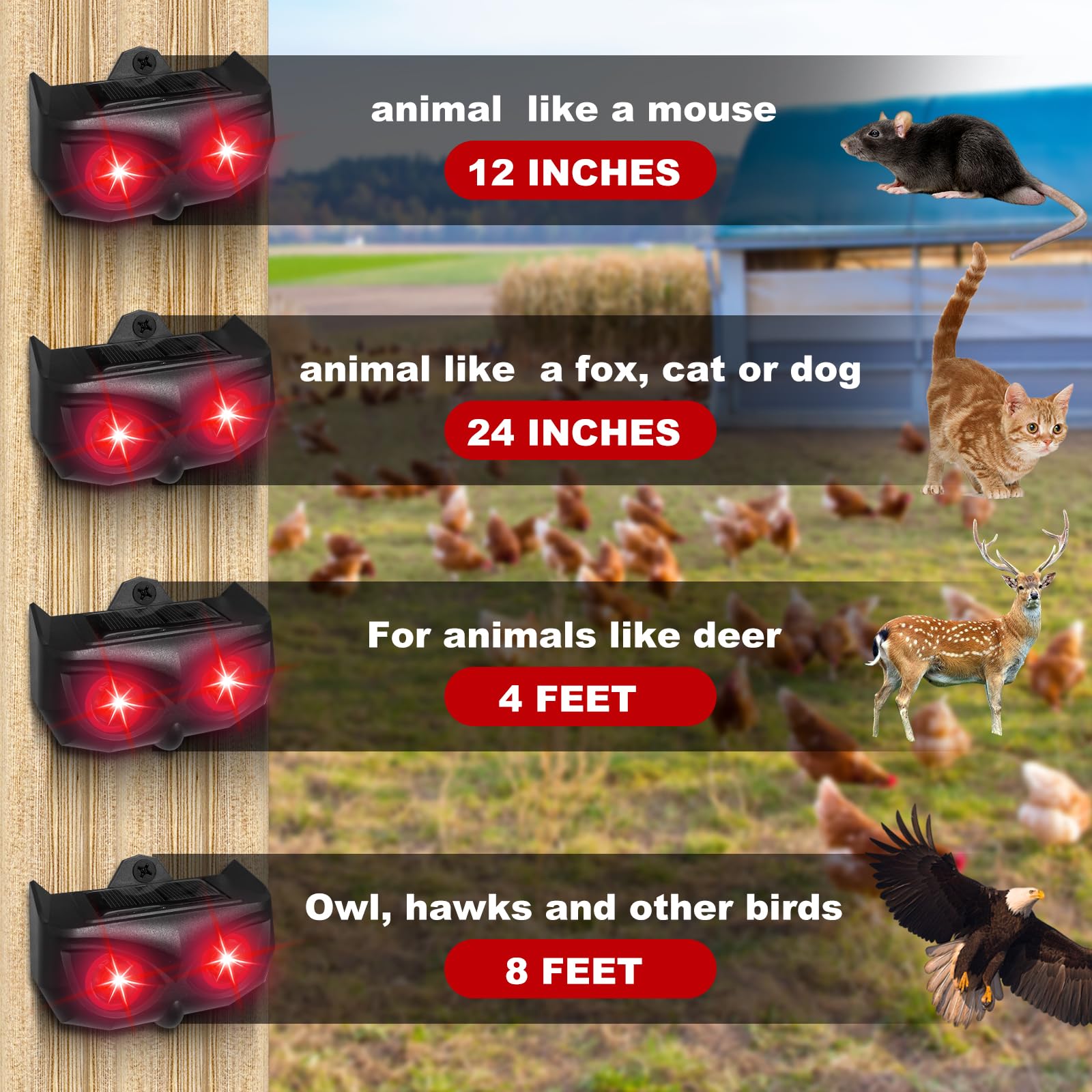 4 Pack Solar Powered Animal Repeller - Outdoor Pest Control Device with Motion Sensor & Night Lights for Chicken Coops, Farms, Gardens - Effective Against Coyotes, Foxes, Skunks, Raccoons (AR17SPro) | Protect Your Livestock & Crops from Nocturnal Pests