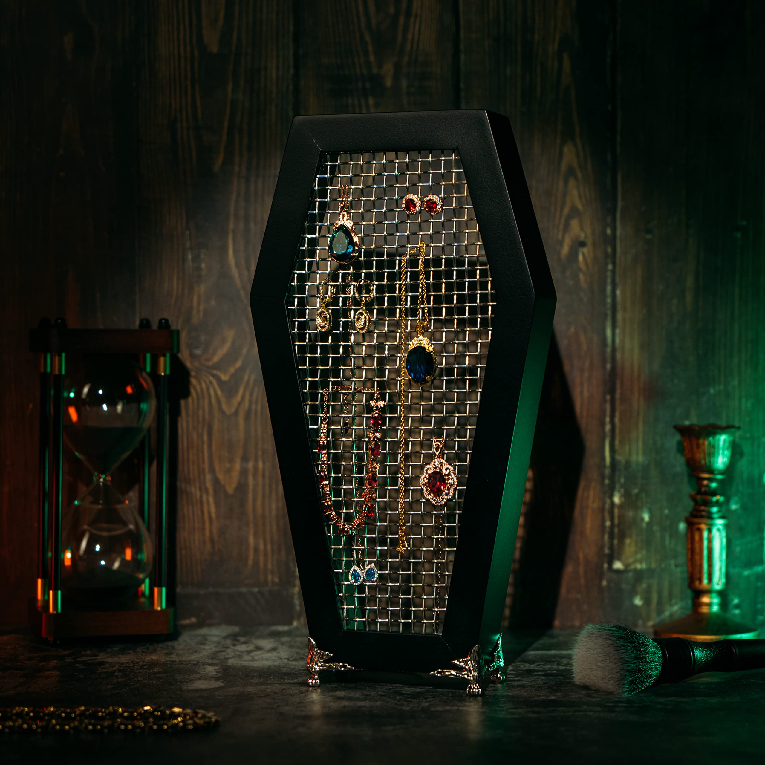 Gothic Coffin Mesh Jewelry Holder - Necklace Earring Bracelet Organizer Display Rack for Chains, Bangles & Accessories | Perfect for Goth Home Decor, Bedroom Vanity & Bathroom Storage | Unique Gothic Gift Idea for Women & Teens