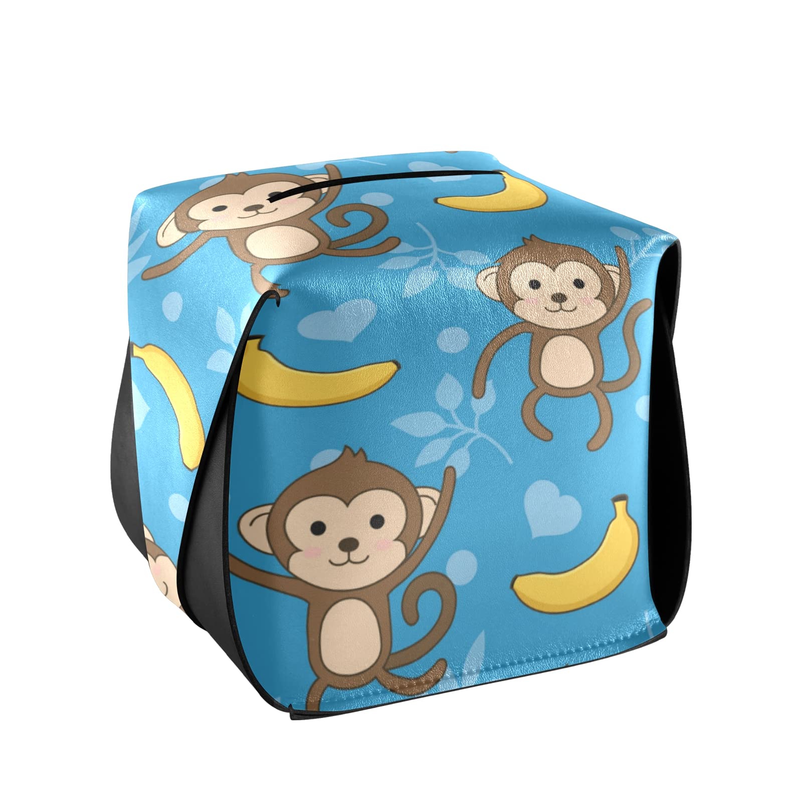 Cute Cartoon Monkey Tissue Box Cover - Rectangular Leather Tissue Holder with Handle for Facial Tissues | Perfect for Nightstands, Bathroom Vanity, Countertops, Desks & Bedroom Decor