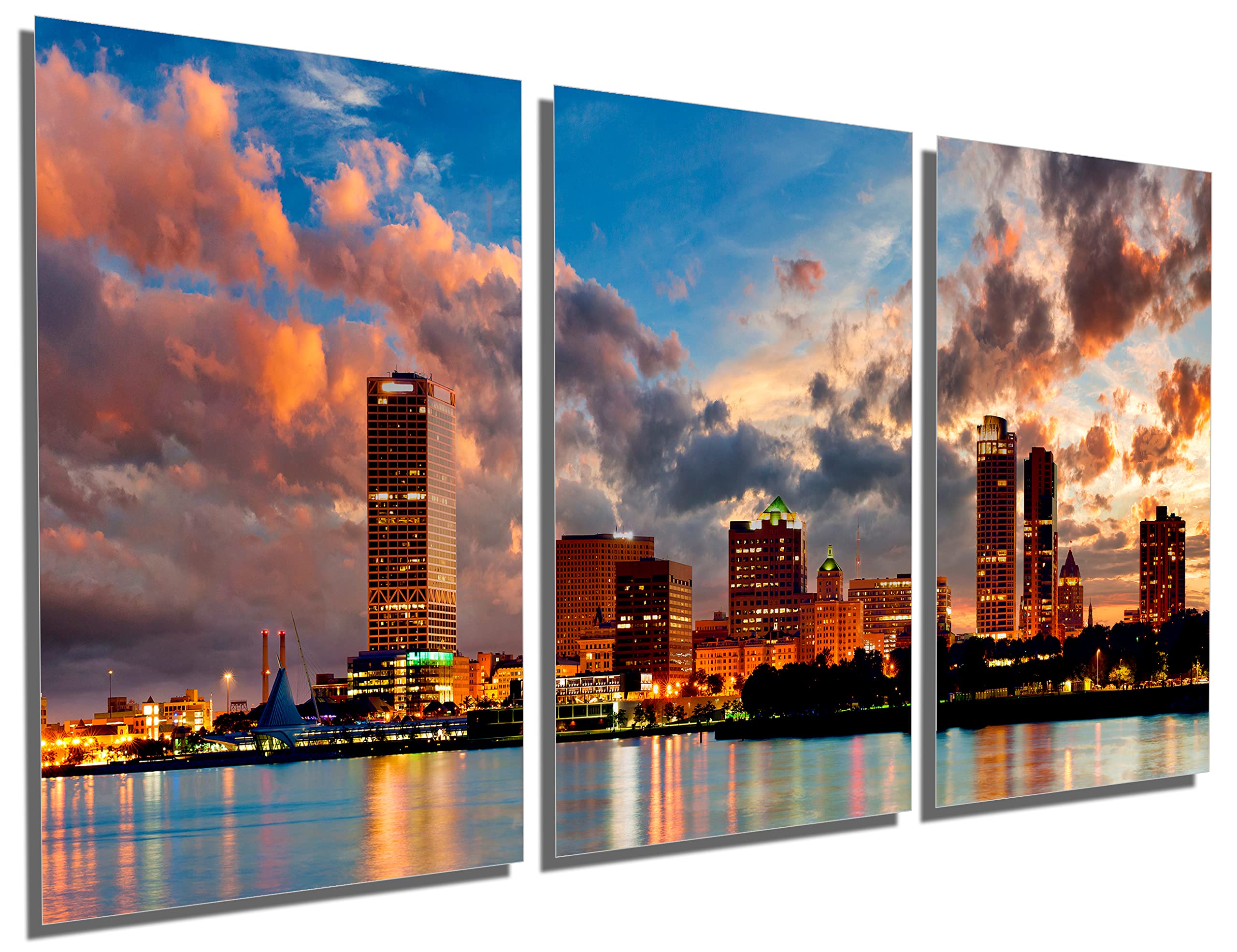 Milwaukee Skyline Wall Art - 48 x 24 Inch 3 Panel Split Canvas Metal Print | Wisconsin Cityscape Decor for Home & Office | Perfect Living Room, Bedroom or Office Wall Decor