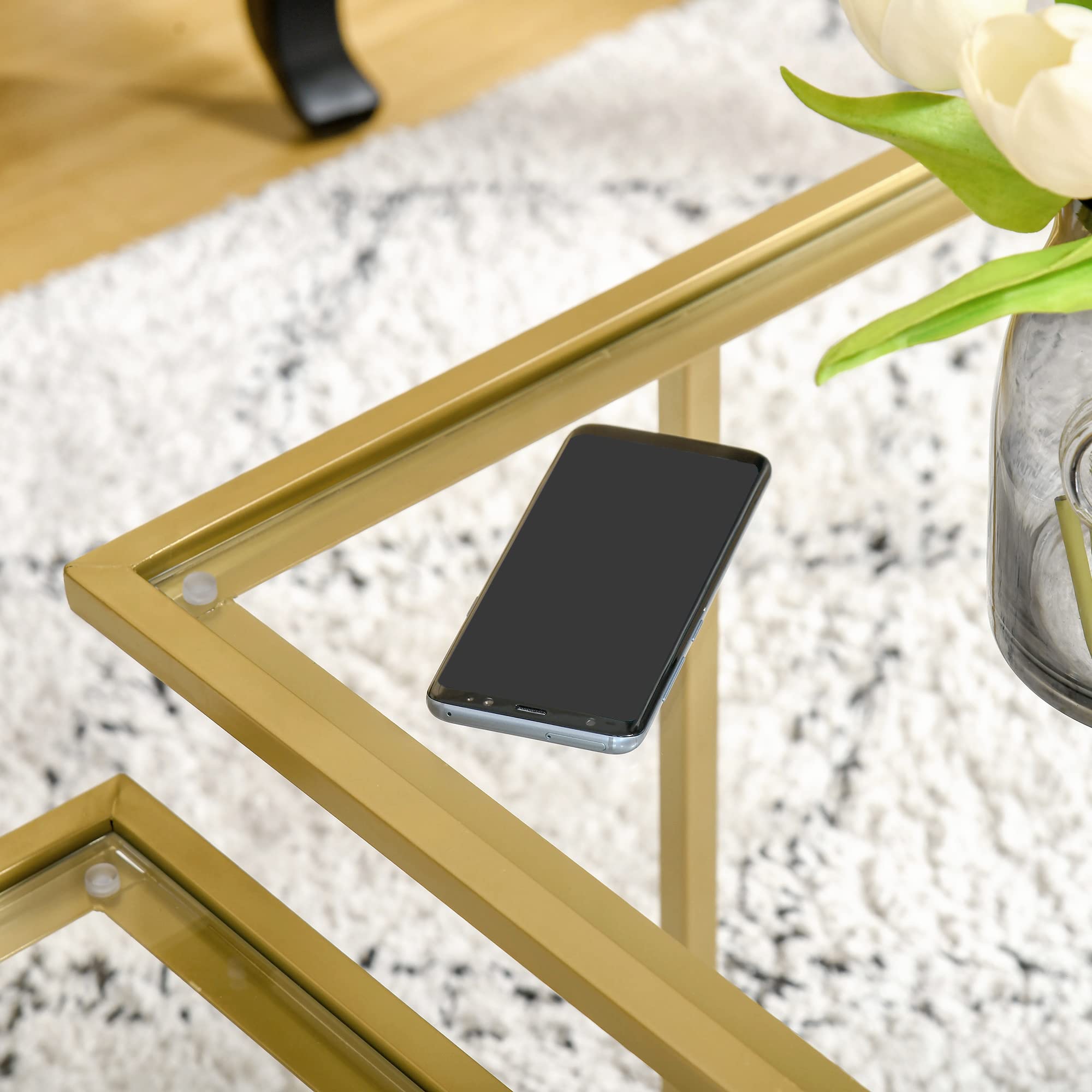 HOMCOM Modern Gold Tempered Glass Coffee Table with 2 Square Tabletops - Stylish Living Room & Bedroom Furniture for Home Decor | Perfect for Small Spaces & Entertaining Guests