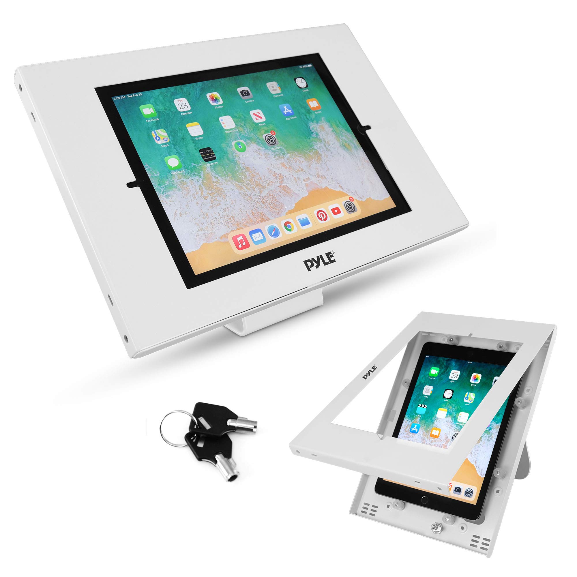 Pyle Anti-Theft Tablet Security Stand - Wall & Table Mount Kiosk with Lock & Key, Restricted Pin-Hole, 90° Rotation - Compatible with iPad, iPad Air, iPad Pro, Samsung Galaxy Tab A (2019) - PSPADLK15 - Perfect for Retail Stores, Libraries, and Public Kiosks