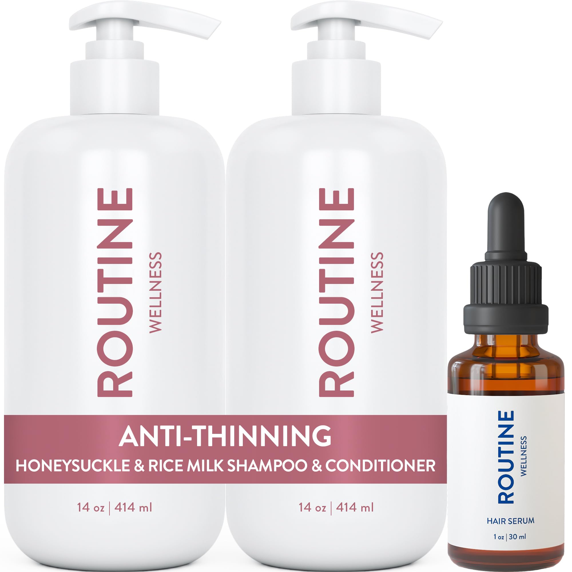 Routine Wellness Honeysuckle & Rice Milk Shampoo and Conditioner Set (14oz x 2) with Advanced Hair Serum (30mL) - Natural Oil Formula for Stronger, Thicker Hair | Daily Hair Care for Dry, Damaged Hair | Perfect for Home & Salon Use
