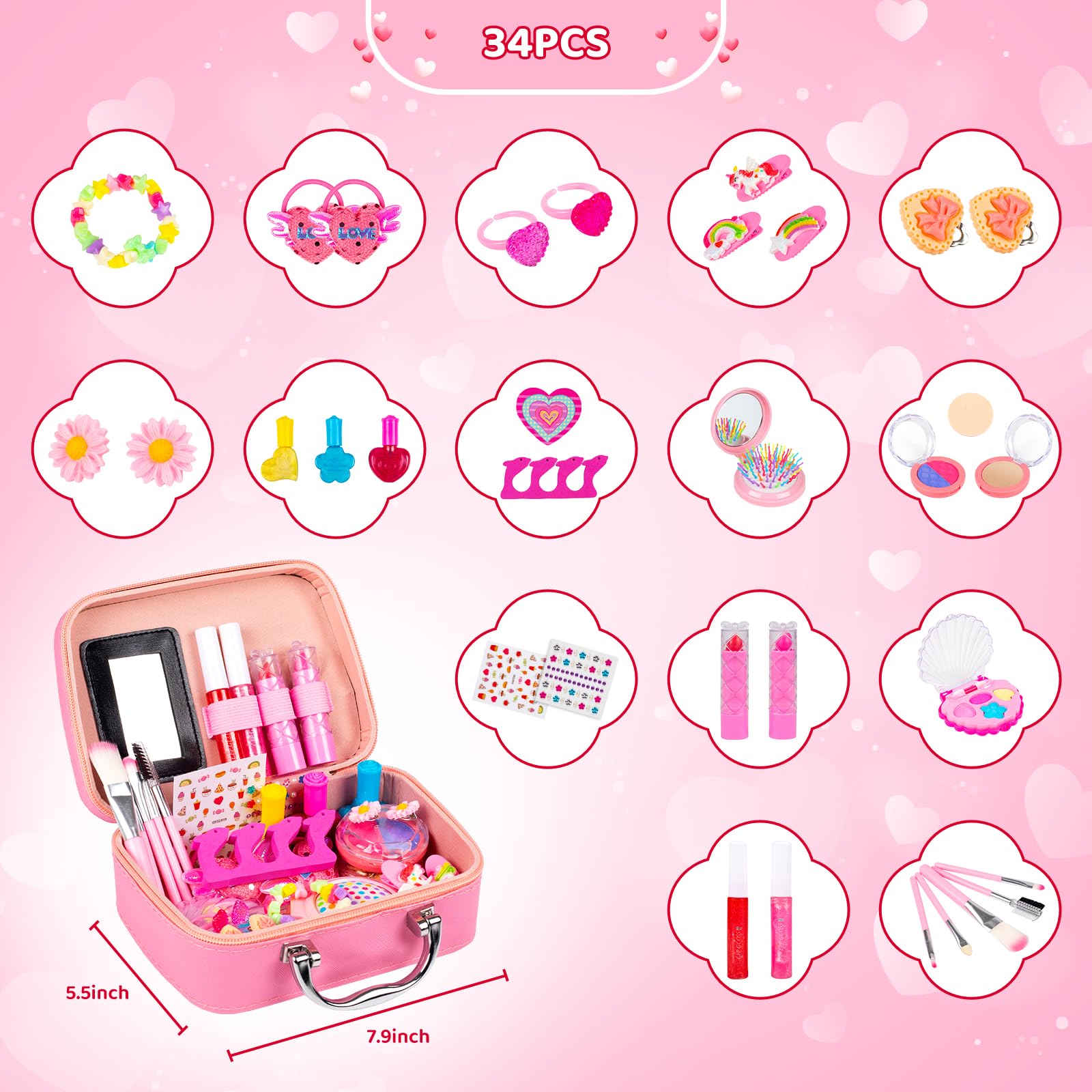 Beeyouk Girls Makeup Set - Princess Toy Makeup Kit for Kids Ages 3-9, Washable & Safe Cosmetic Play Set with Carrying Case - Perfect Birthday Gift for Toddlers & Little Girls (Ideal for Dress-Up, Pretend Play & Party Fun)
