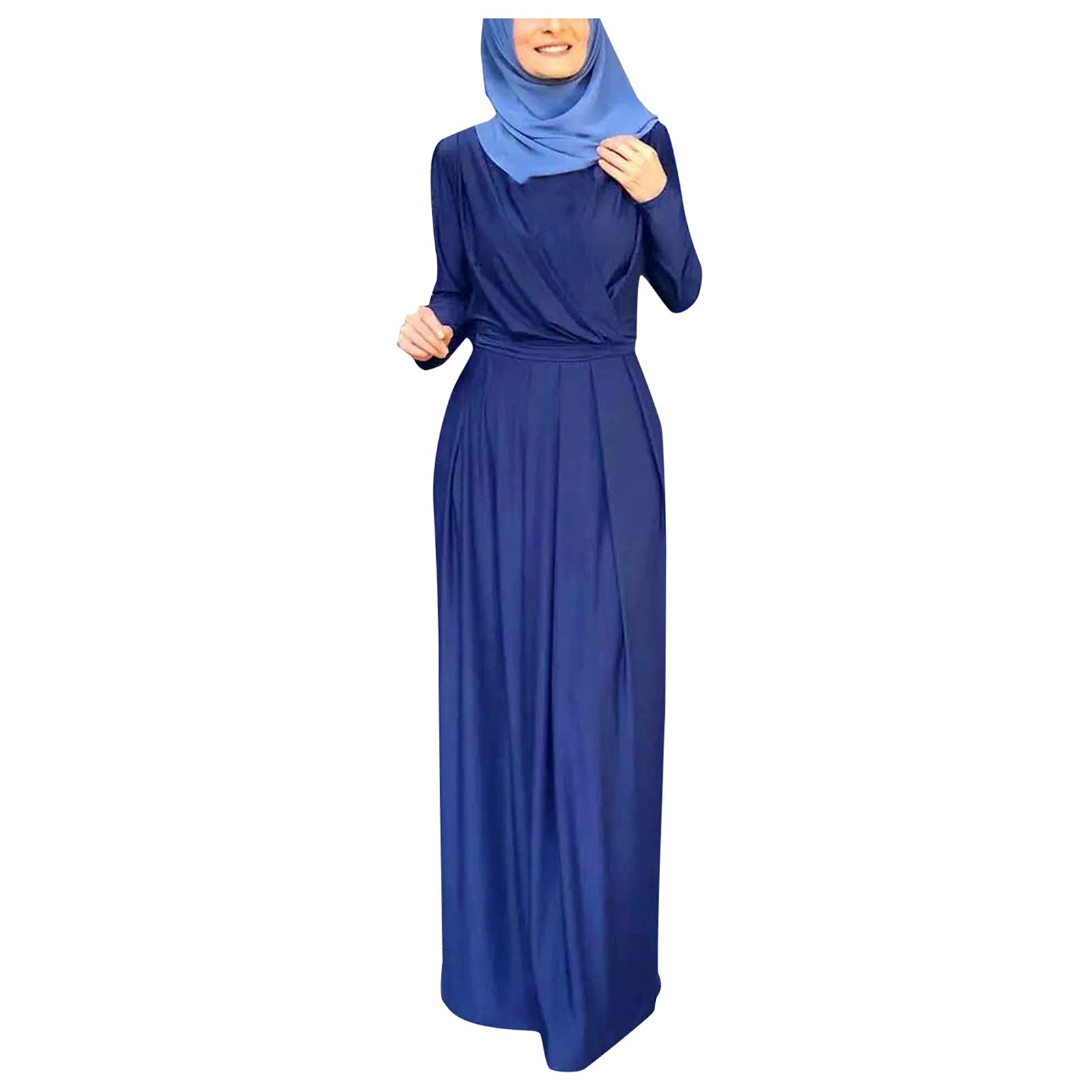Muslim Women's Self Abaya Maxi Dress - Long Sleeve Kaftan with Tie Front | Flowy Casual Maxi Dress for Prayer, Mosque & Everyday Wear