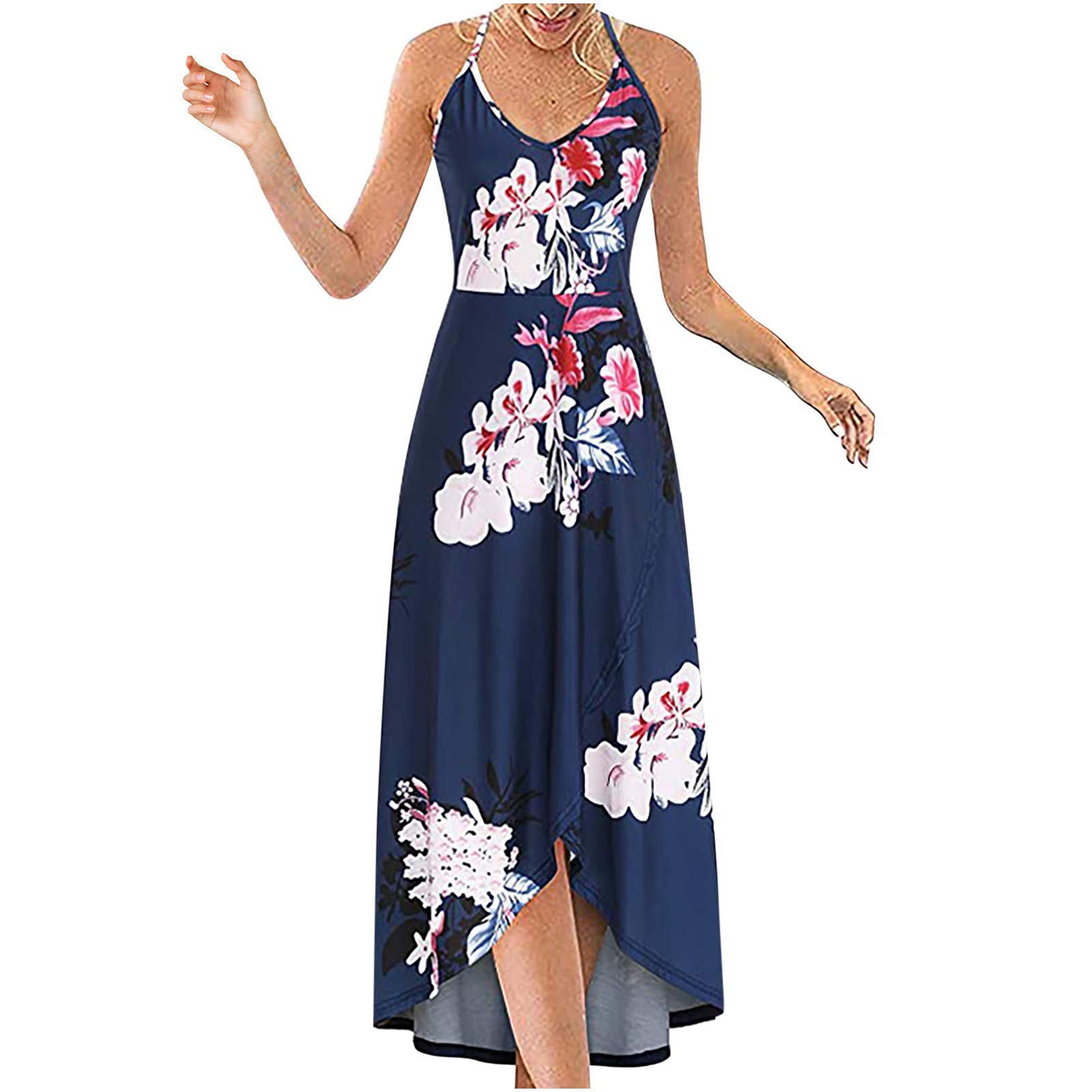 Women's Summer Floral Maxi Dress - V Neck Sleeveless Open Back Long Sundress with Asymmetrical Strap Design | Perfect for Beach Vacations, Date Nights & Summer Parties