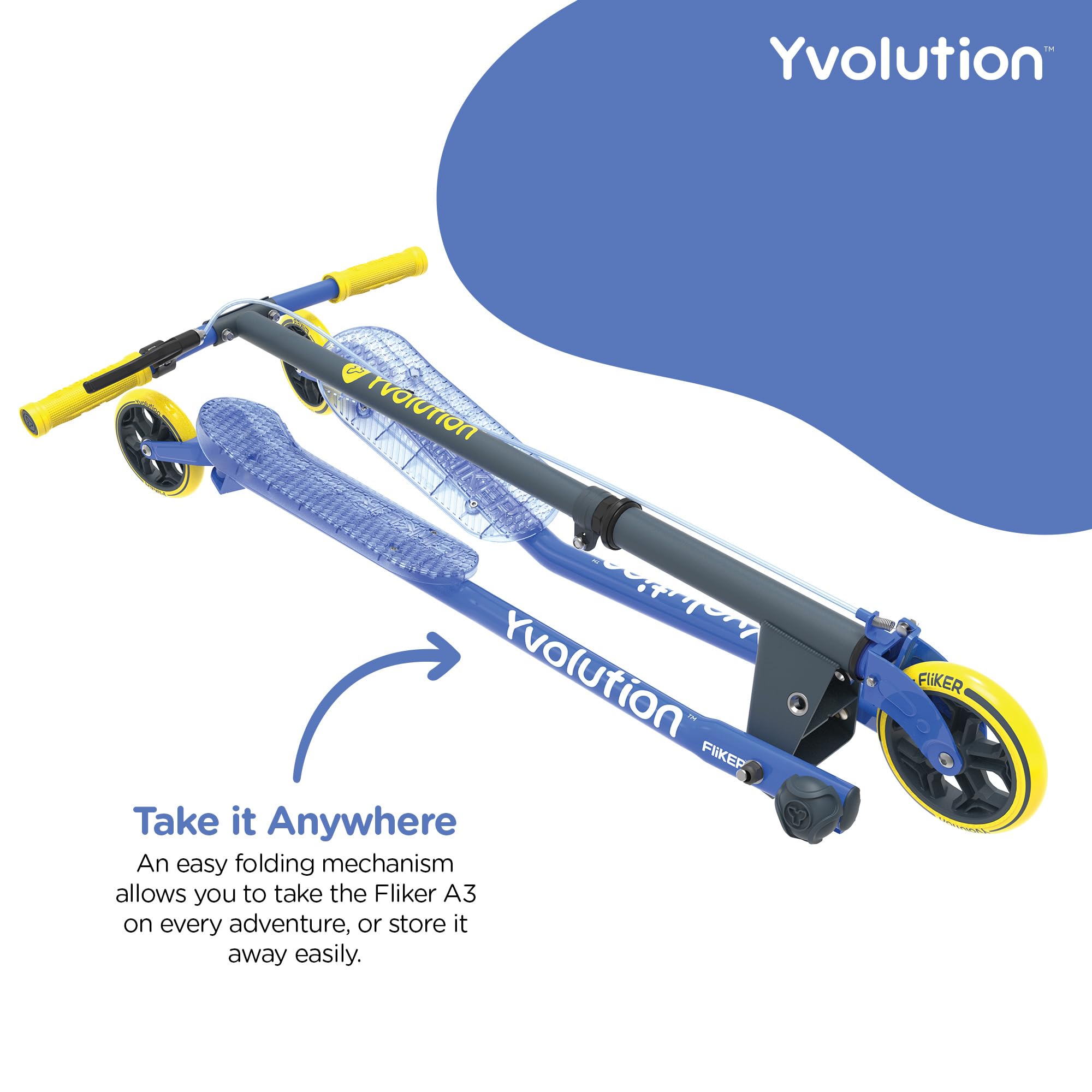 Yvolution Fliker A3 Drift Scooter - 3 Wheel Wiggle Scooter for Kids Ages 7+, Foldable Design with Handbrake & Caster Wheels, Supports Up to 175lbs - Perfect for Outdoor Fun, Commuting & Neighborhood Rides for Boys & Girls
