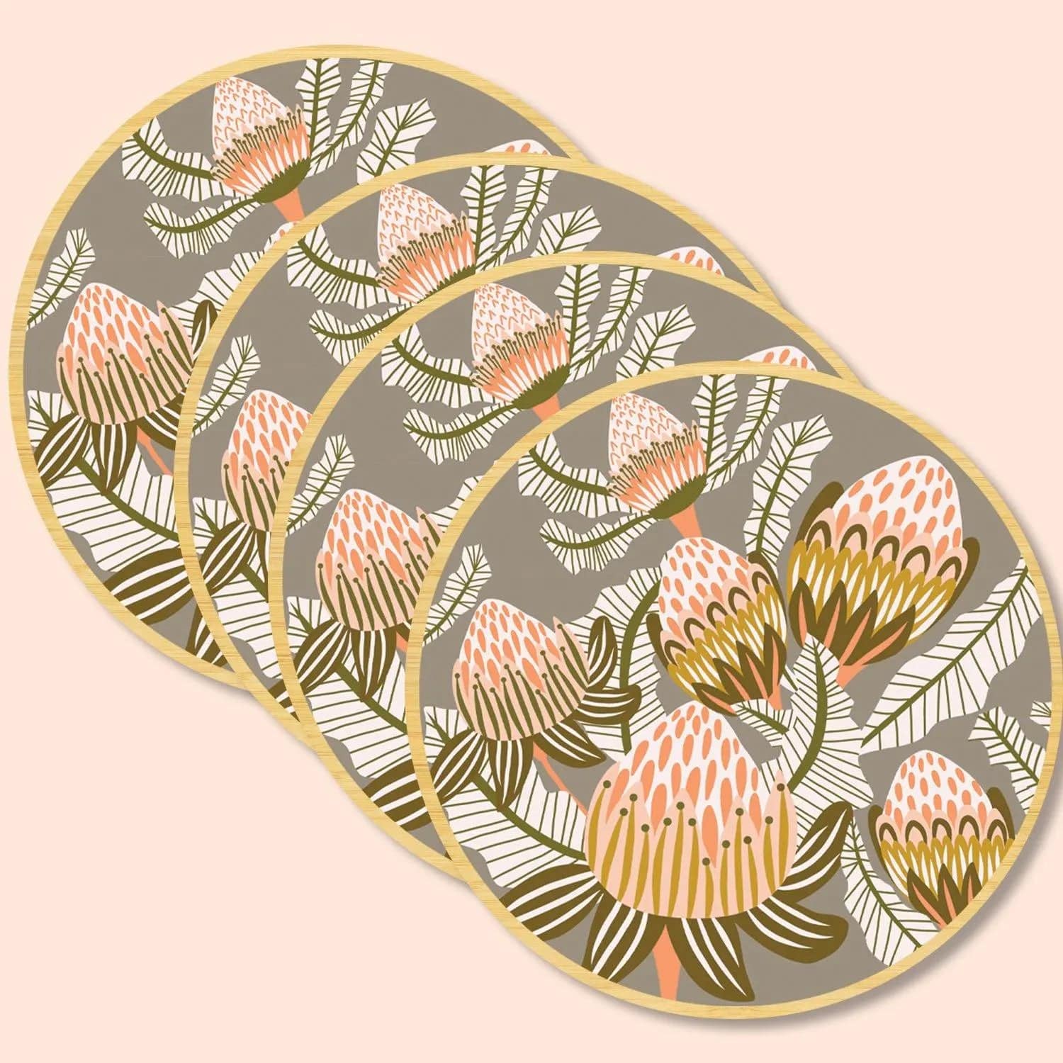 Bush Proteas Australian Wooden Coaster Set - 4-Piece Natural Wood Drink Coasters for Home & Bar Decor - Perfect for Protecting Tables from Hot & Cold Beverages