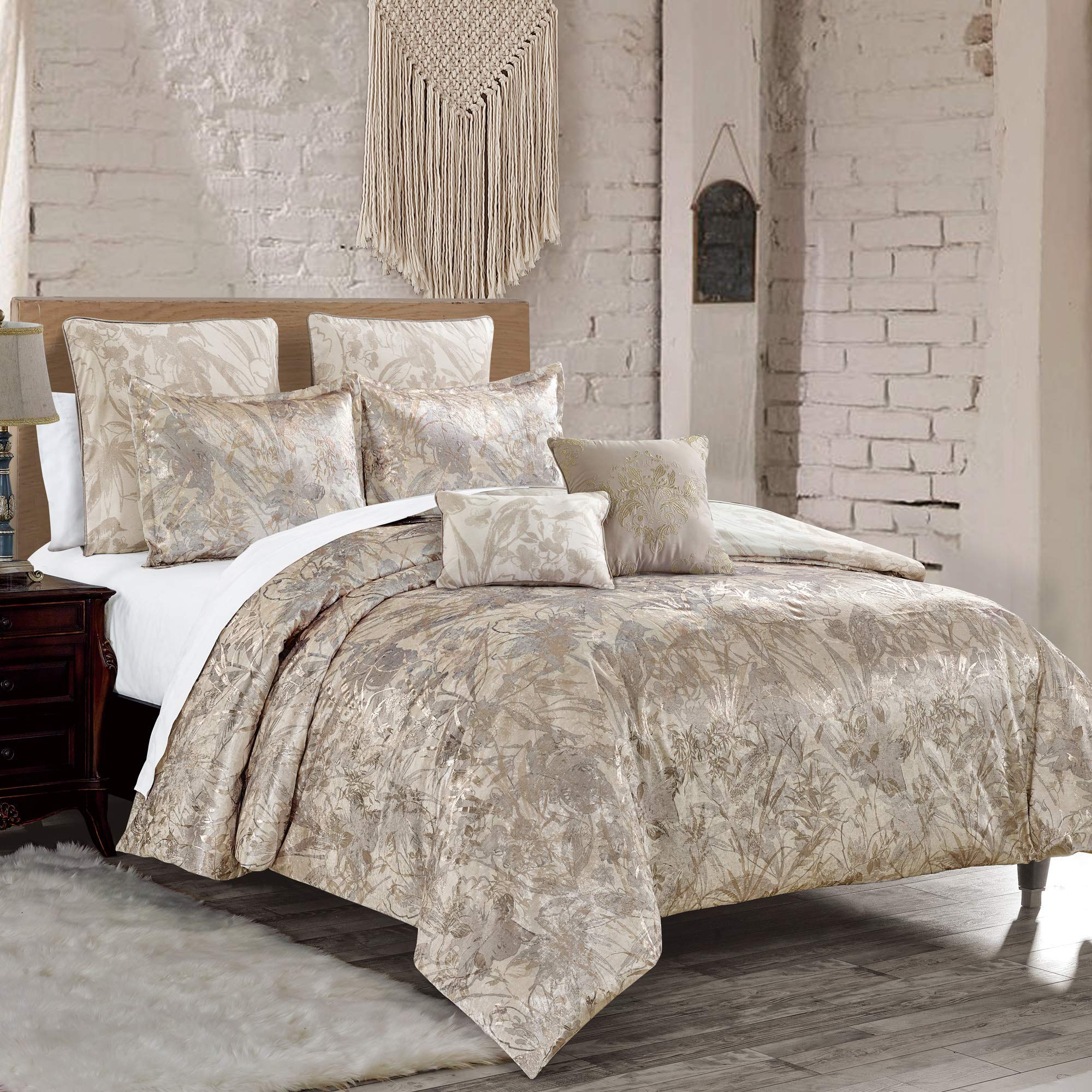 LinenTopia Luxury 7-Piece Full/Queen Comforter Set with Shams & Cushions - Floral Forest Leaves Taupe Shiny Bedding Collection | Bed in a Bag for Master Bedroom, Guest Room & Vacation Homes (21985, F/Q)